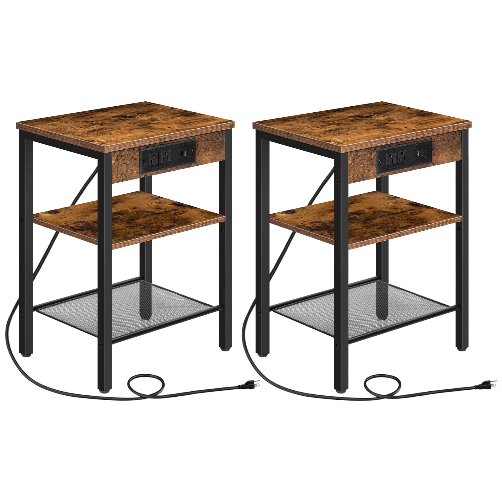 HOOBRO End Tables Set of 2 with Charging Station and USB Port, 3-Tier Nightstands with Adjustable Shelf, Small Side Tables for S