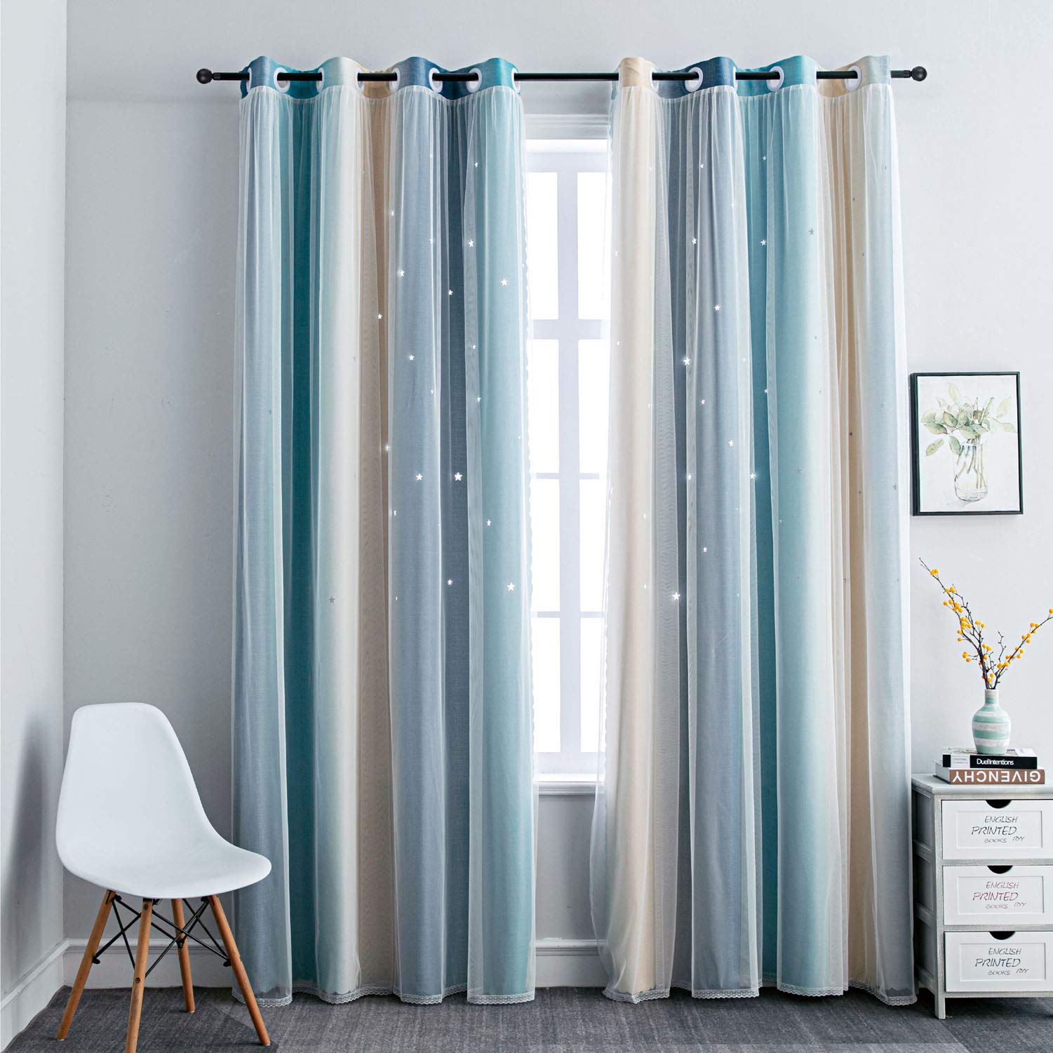 FANLI Ombre Rainbow Blackout Curtains for Kid Girls Bedroom Living Room Darking Stripe Double Layer Star Cut Out Wall Home Decor
