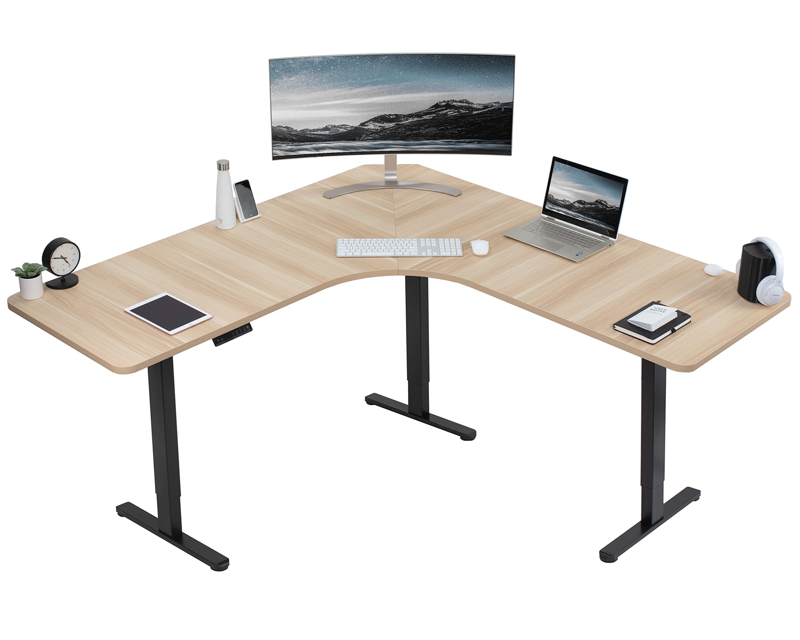 VIVO Electric Height Adjustable 71 x 71 inch Curved Corner Stand Up Desk, Light Wood Table Top, Black Frame, Memory Controller, 