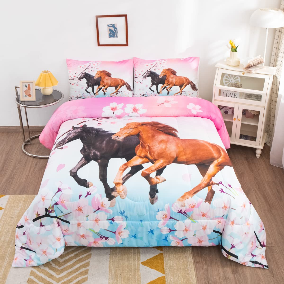 Feelyou Kids Horse Bedding Set for Girls Queen Size Chic Cherry Blossom Comforter Set for Horse Lover Gift Galloping Horse Print
