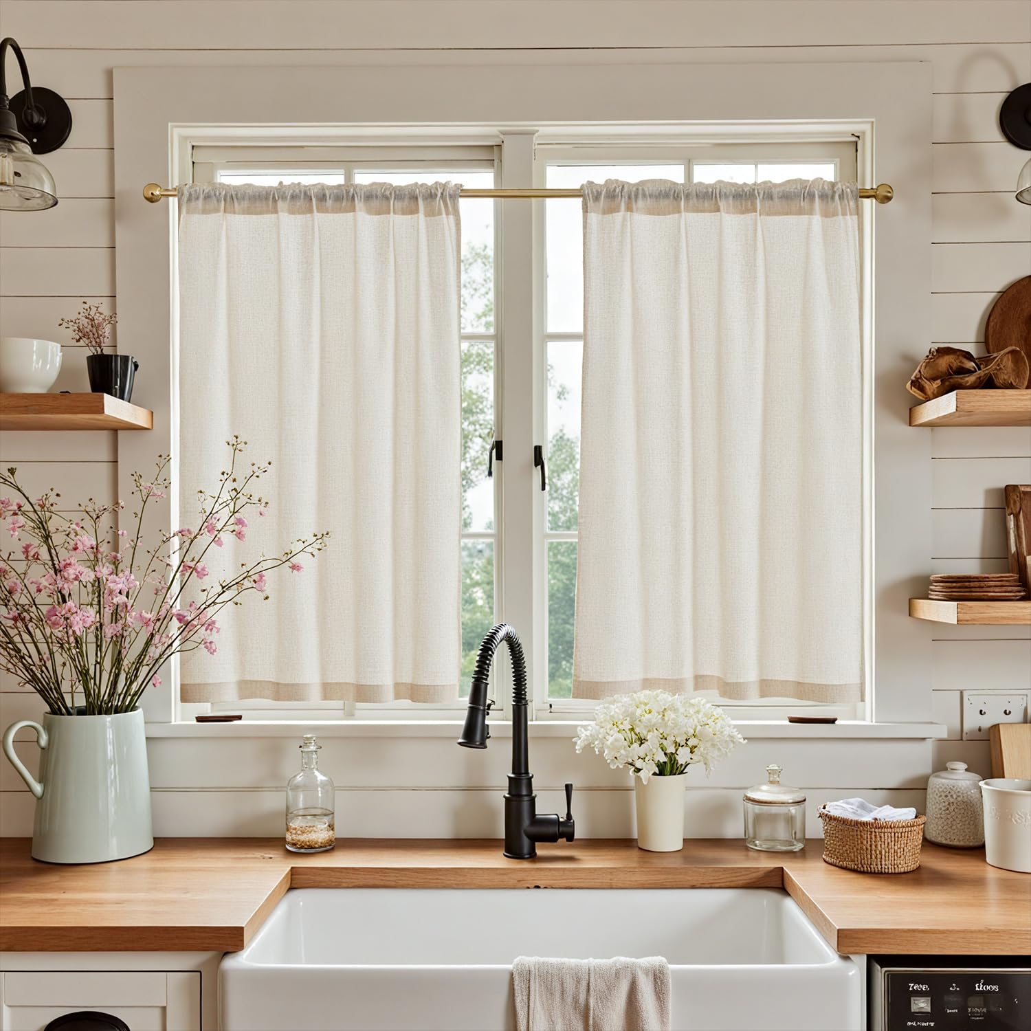 jinchan Beige Linen Kitchen Curtains 36 Inch Tier Curtains Farmhouse Cafe Light Filtering Small Window Drapes Flax Country Rusti