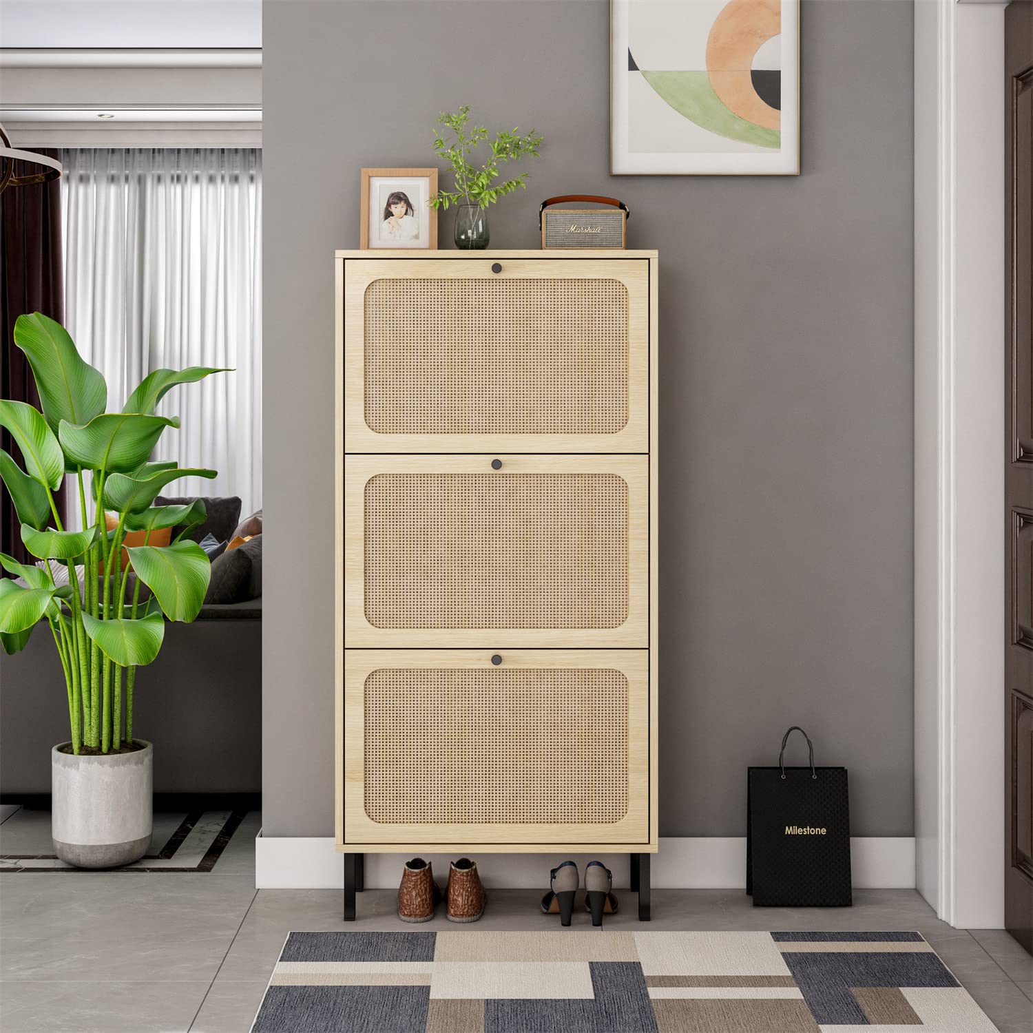 ZeHuoGe Rattan Shoe Cabinet with 3 Flip Drawers, Natural Narrow Shoe Rack Storage Cabinet with Metal Legs for Heels, Slippers, E