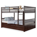 KOMFOTT Wood Full Over Full Bunk Bed with Trundle, Bunk Bed Frame with Ladder, Solid Wood Frame & Safety Guardrails, Space-Savin