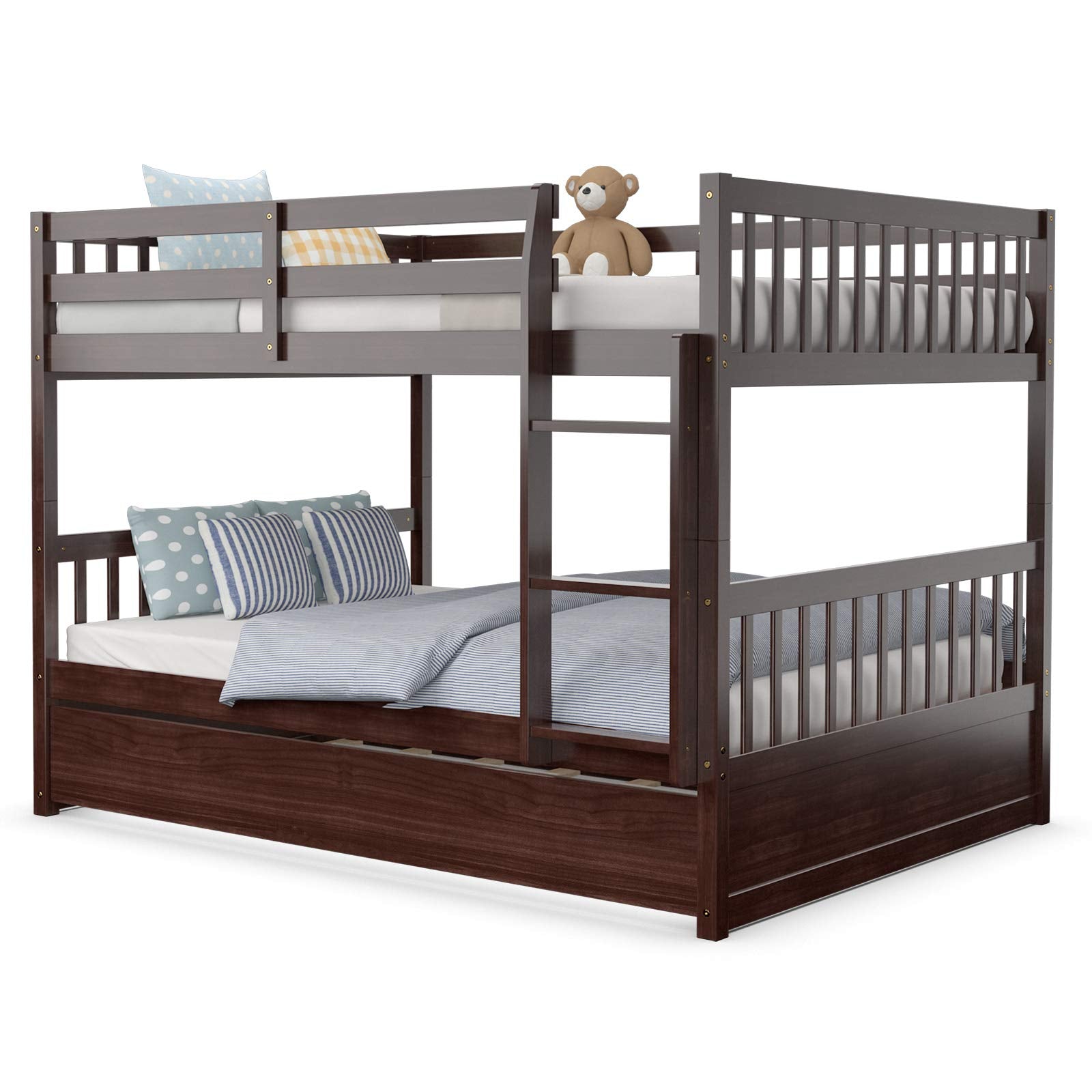 KOMFOTT Wood Full Over Full Bunk Bed with Trundle, Bunk Bed Frame with Ladder, Solid Wood Frame & Safety Guardrails, Space-Savin