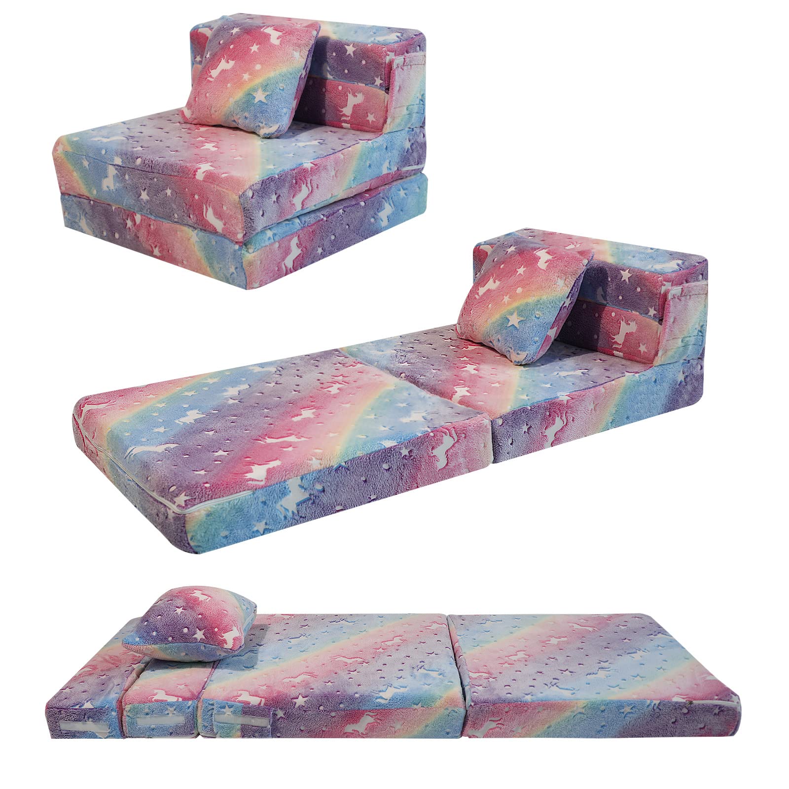 MeMoreCool Folding Sofa Bed Floor Mattress for Kids, Glow Tri Folding Mattress Kid Fold Up Sofa Futon Folding Chair Bed, Child F