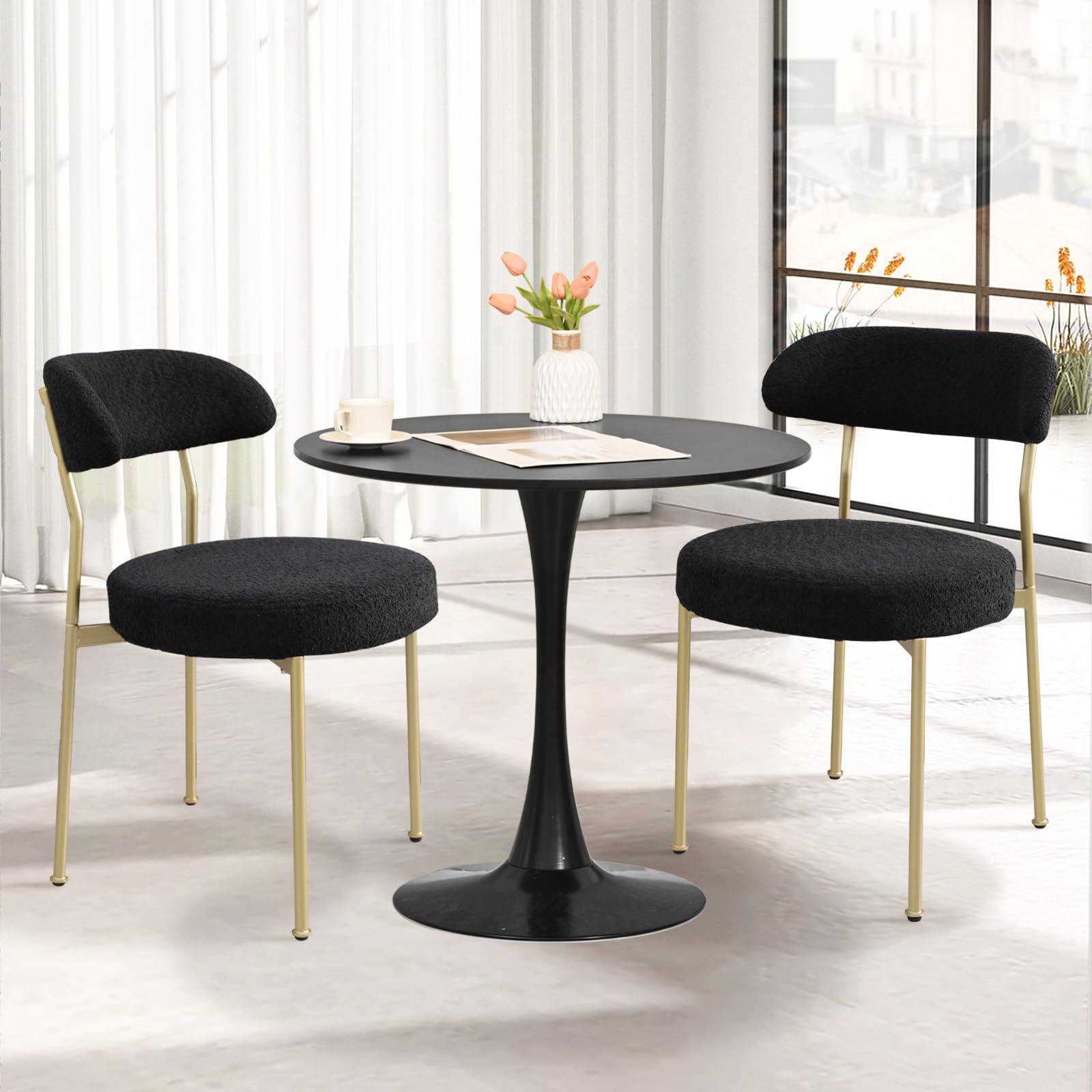 SoarTalent 3-Pieces 31.5 Round Dining Table Set for 2, Black Dining Table & Boucle Upholstered Dining Chairs Set of 2 for Kitche