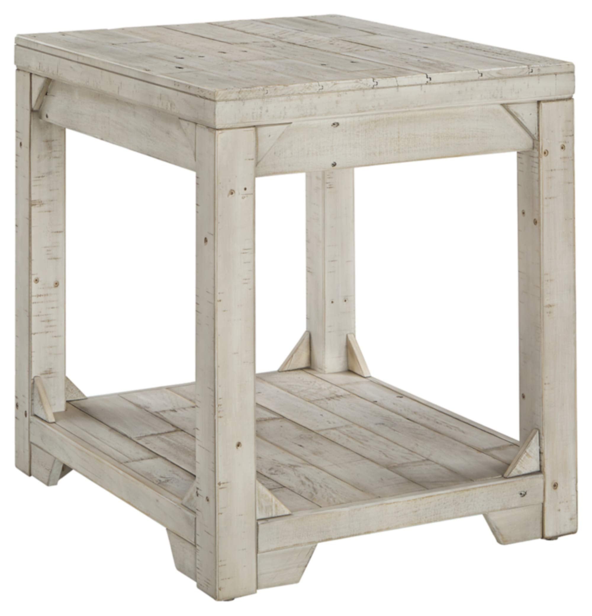 Signature Design by Ashley Fregine Farmhouse Square End Table with Floor Shelf, Weathered White Finish