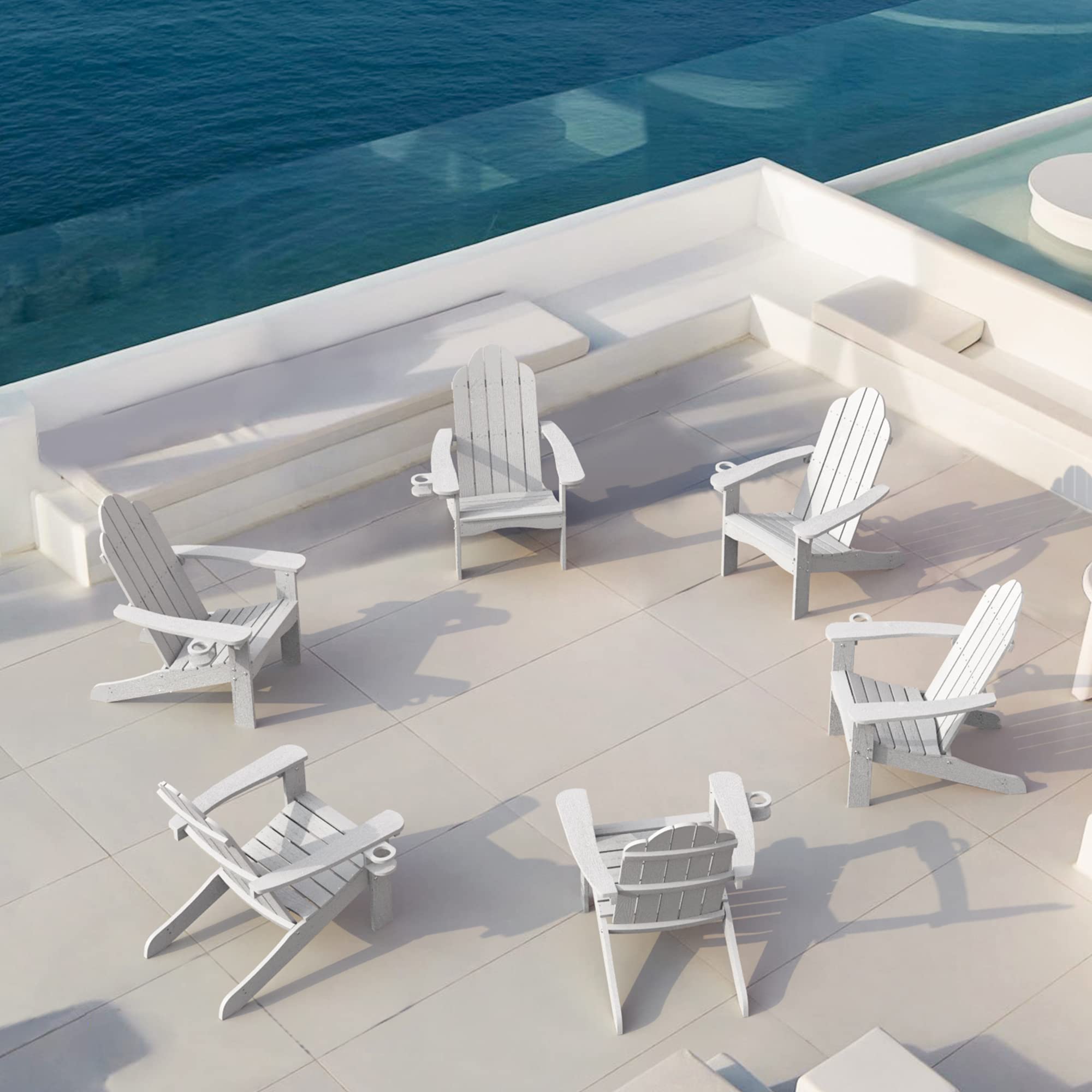 LUE BONA HDPS Adirondack Chairs Set of 6, White Adirondack Chairs with Cup Holder, 350lbs Modern Adirondack Chair Weather Resist