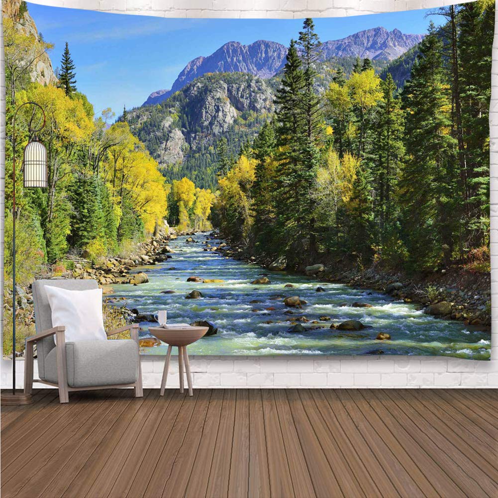 YISURE Nature Mountain Forest Tapestry, Scenic Green Pine Tree Waterfall Landscape Wall Hanging Tapestries for Home Office Dorm 