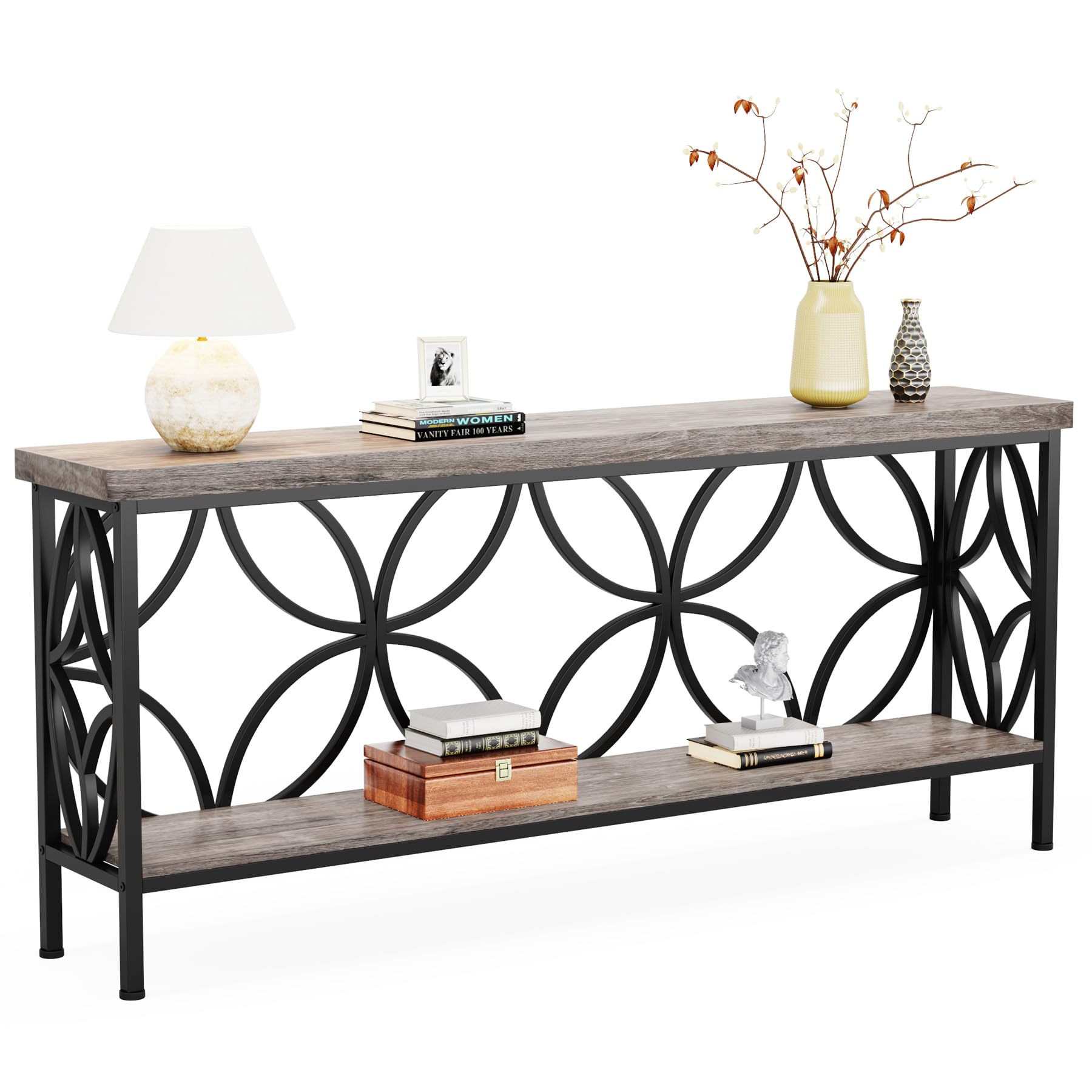 LITTLE TREE Sofa Table, 70.9 Inch Industrial Behind Couch Table with Storage Shelves, Narrow Long Console Table for Entryway, Li