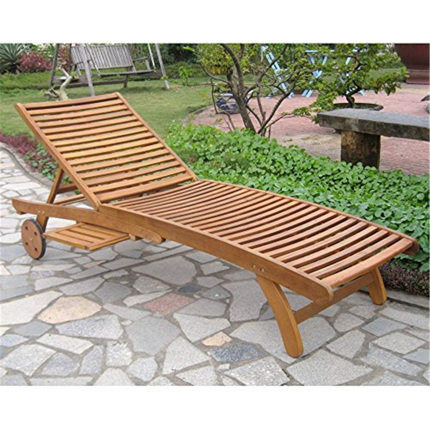 International Caravan Furniture Piece Acacia Chaise Lounge with Pull Out Tray
