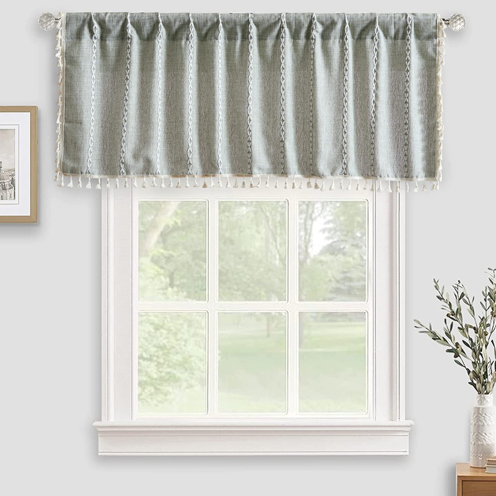 RoomTalks Sage Green Boho Kitchen Valances for Windows Rod Pocket 18L x 52W Spring Summer French Striped Modern Farmhouse Chic T