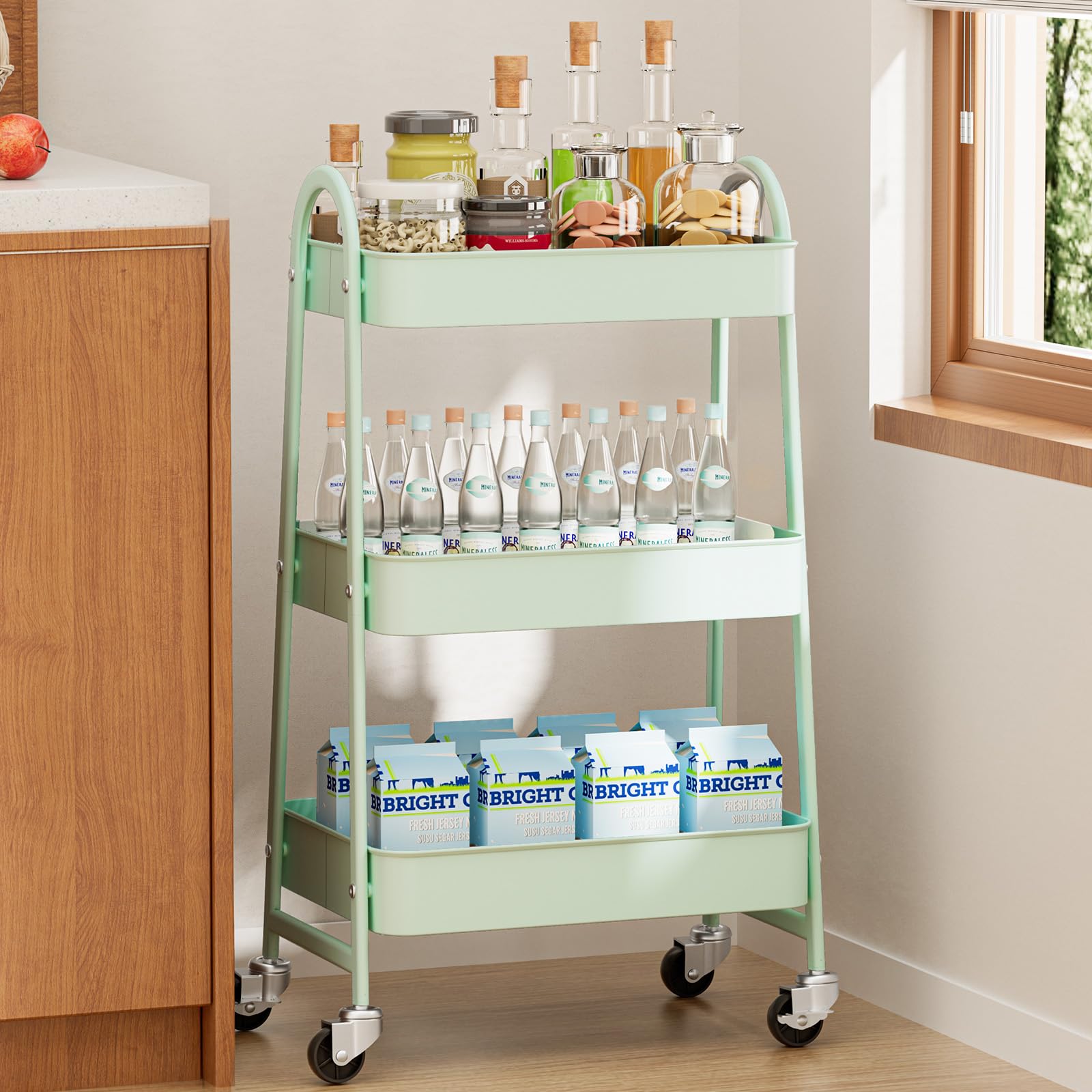 OLIXIS 3 Tier Utility Rolling Cart with Lockable Caster Wheels, Metal Mobile Storage Shelf, Organization for Livingroom, Bathroo