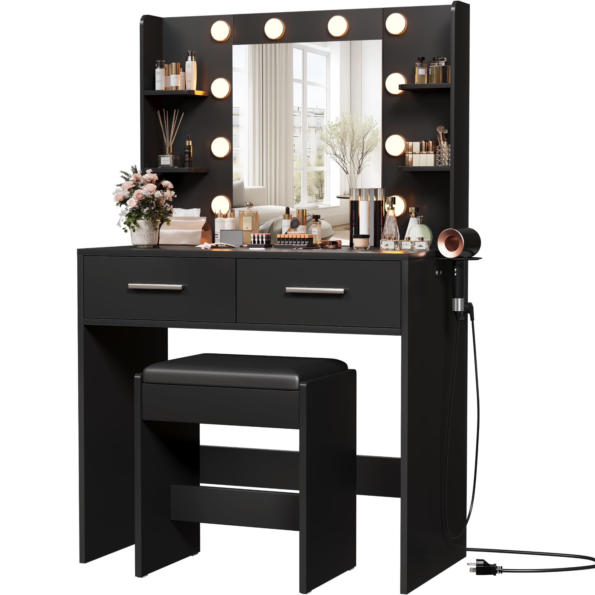 Furmax Make up Vanity Desk with Mirror and Power Outlet, Vanity with 3 Color Light Options Adjustable Brightness,Vanity Desk wit