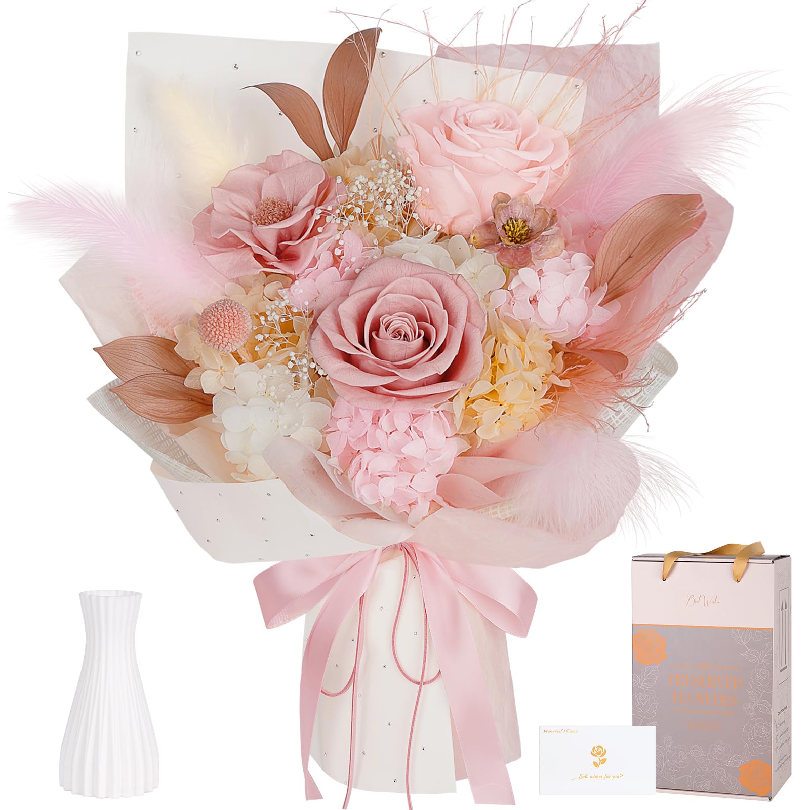 Preserved Bouquet of Flowers - Real Roses & Flowers for Delivery, Long-Lasting Dusty Pink Forever Camellia Flowers, Eternal Rose
