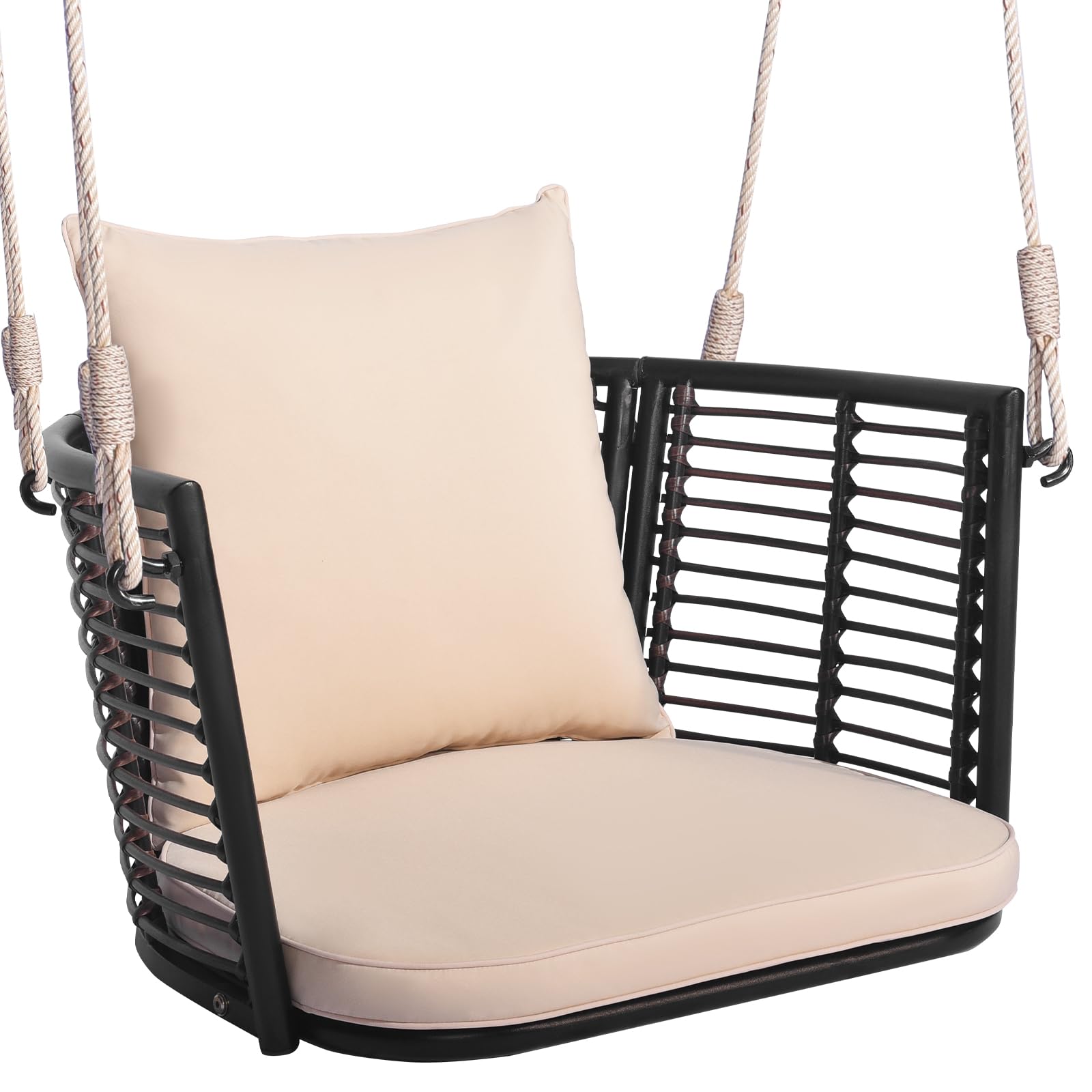 Tangkula Outdoor Metal Porch Swing, Single Person Hanging Seat w/Woven Rattan Backrest, 2 Sturdy Hanging Ropes, Seat & Back Cush