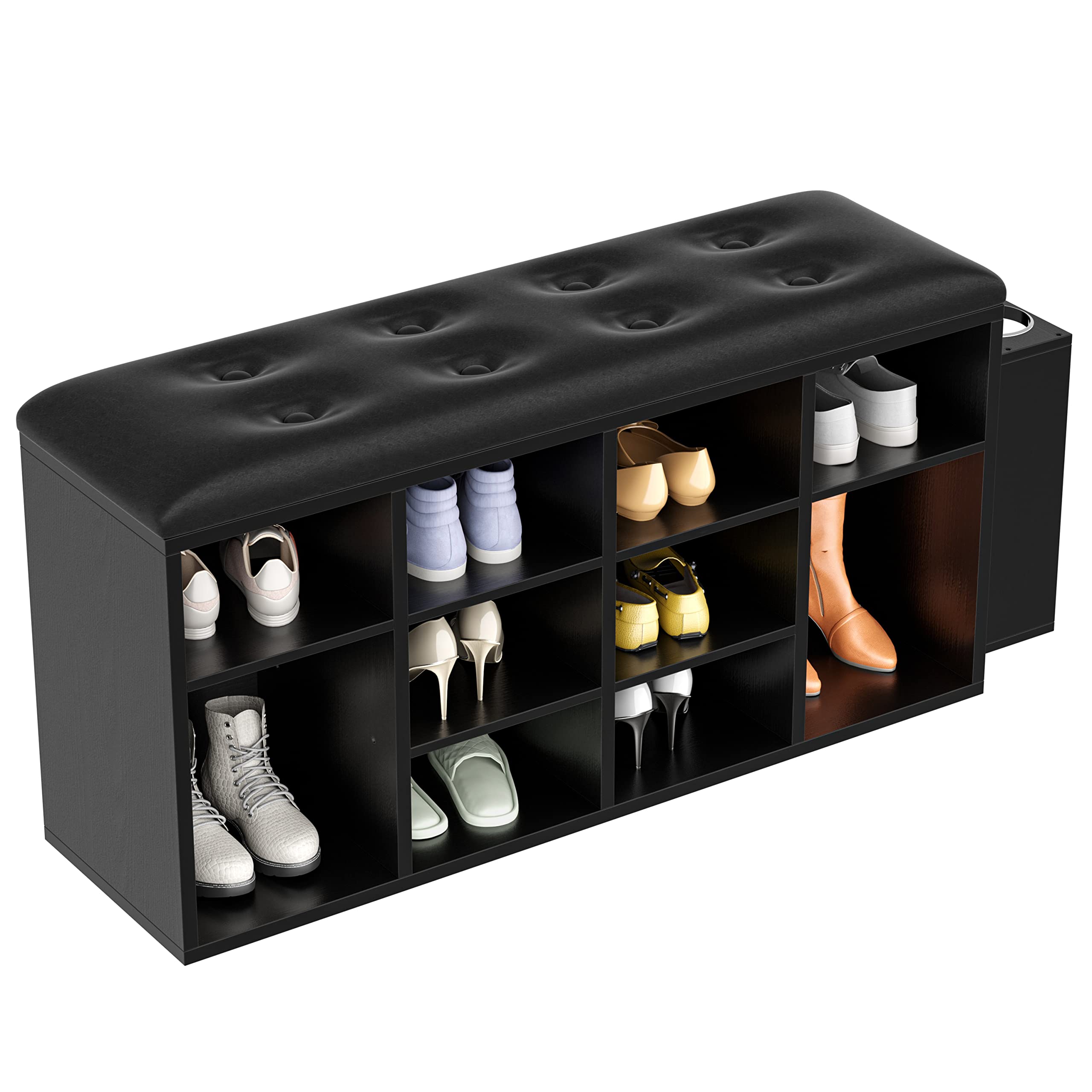IRONCK Shoe Bench, Ten Cubbies Storage Entryway Bench with PU Leather, Cubby Shoe Rack Organizer with Adjustable Shelves for Liv