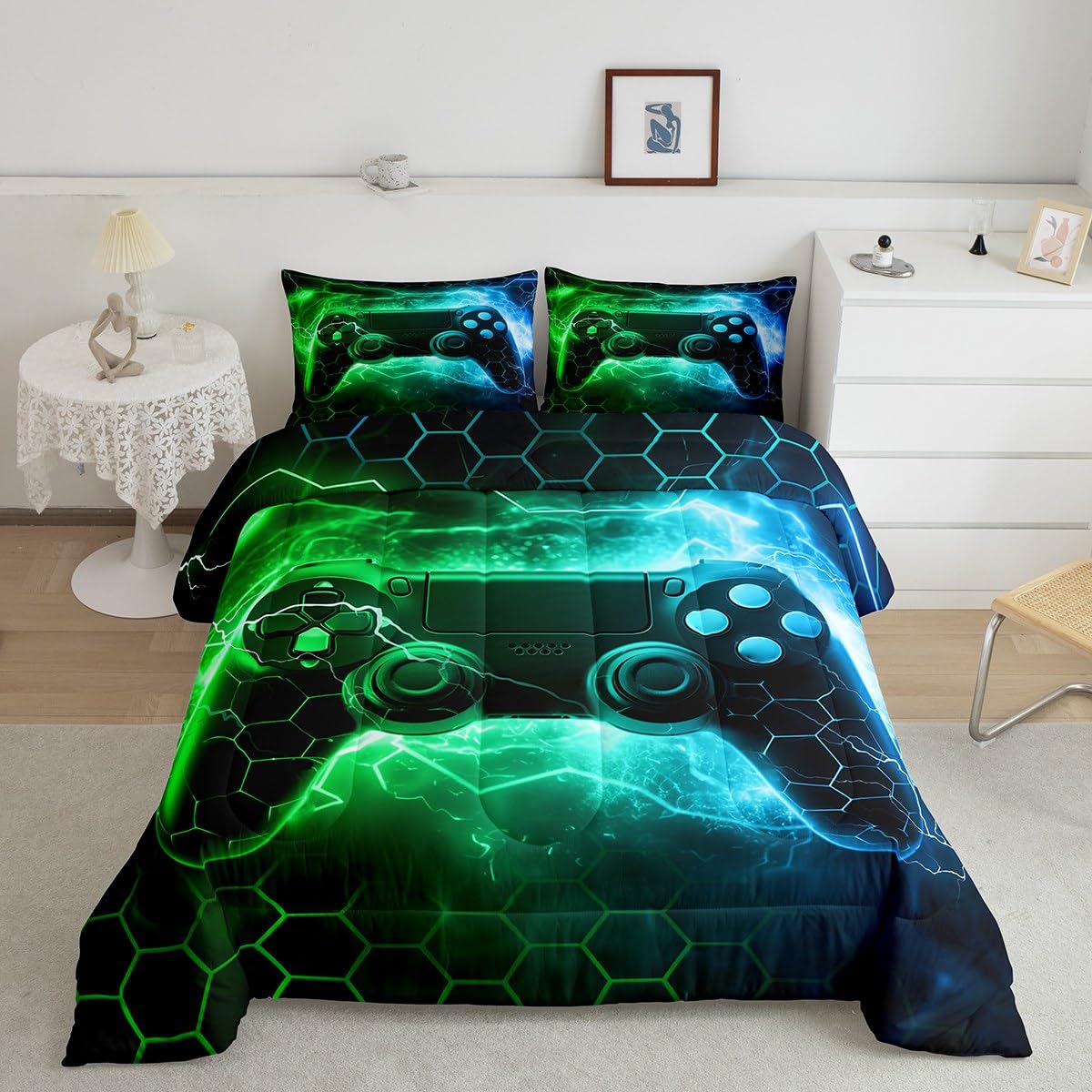 Feelyou Kids Boys Green Gamer Bedding Set Queen Size, Honeycomb Gaming Comforter Set Lightning Gamepad Comforter Game Room Decor