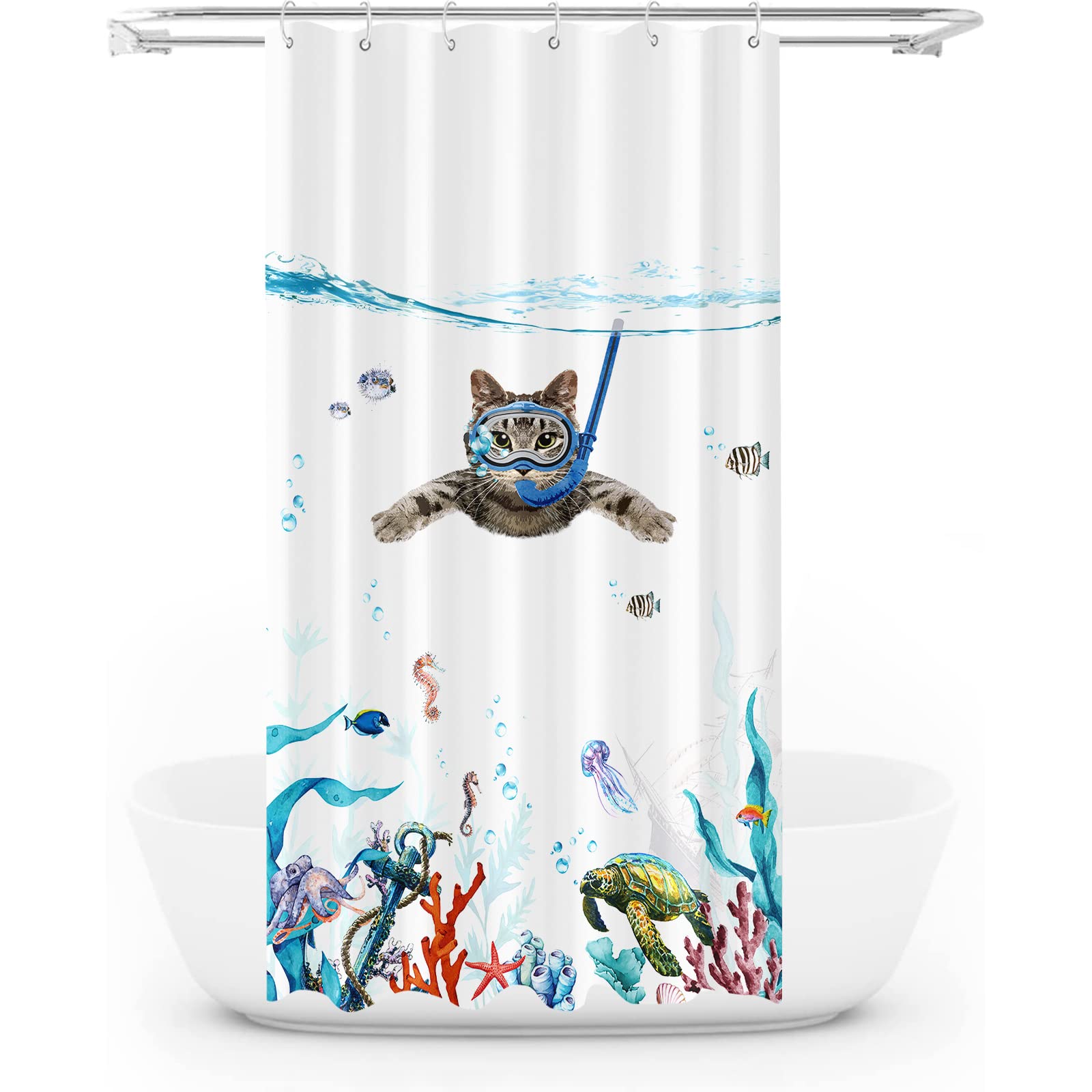 Fowocu Funny Cat Stall Shower Curtain Set Teal Blue Sea Ocean Waterproof Fabric Shower Curtains with Animal Octopus Starfish Tur
