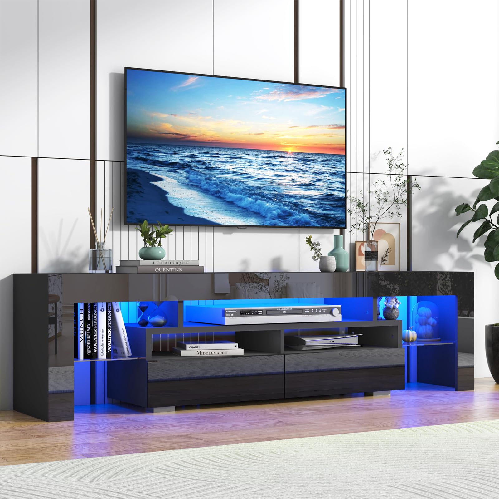 Vinctik 6&Fox Black TV Stand for 55/60/65inch TV,Modern Entertainment Center with 2 Storage Drawers and LED Light, High Glossy T