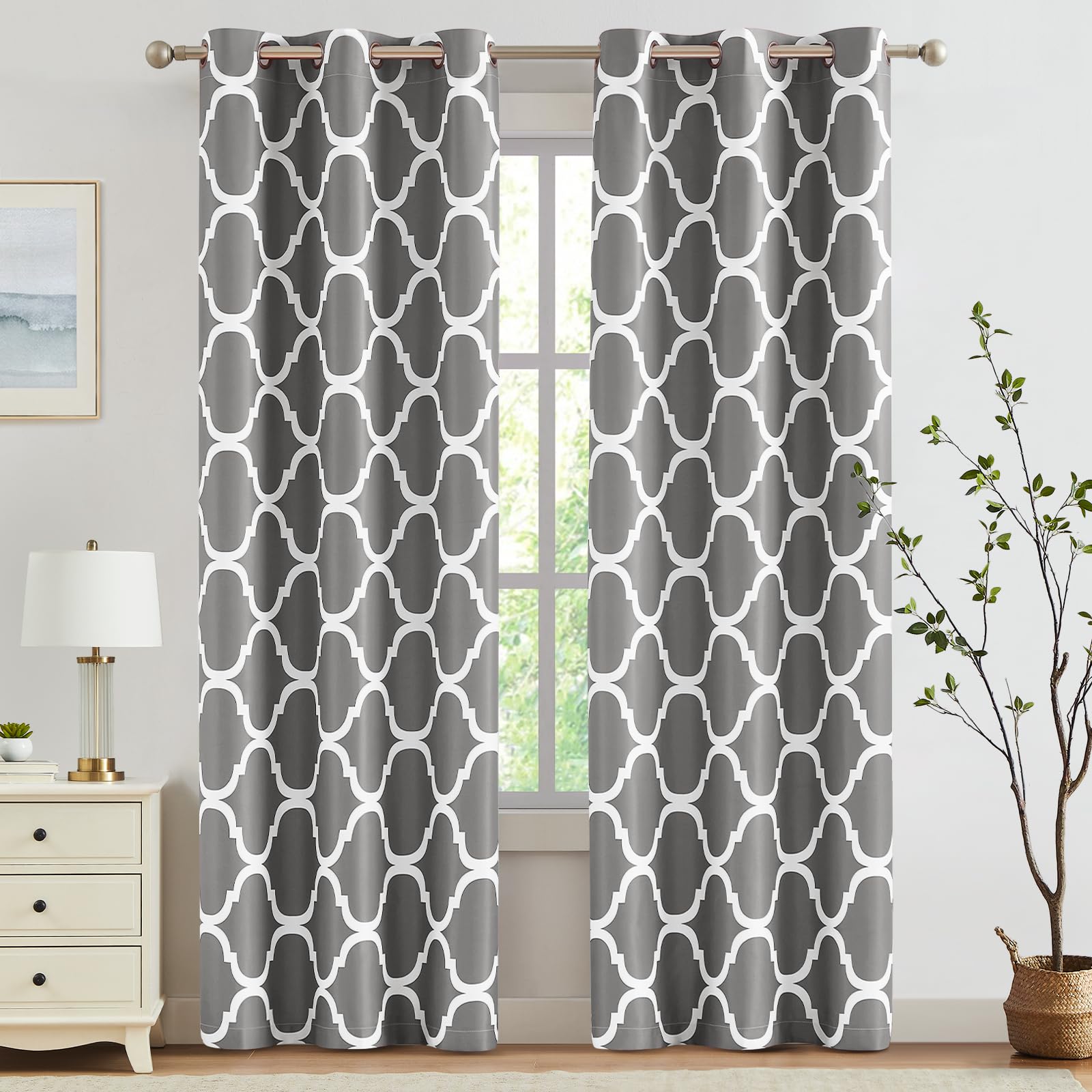 Melodieux Moroccan Fashion Thermal Insulated Room Darkening Blackout Grommet Curtains for Living Room, 42 by 84 Inch, Grey (2 Pa