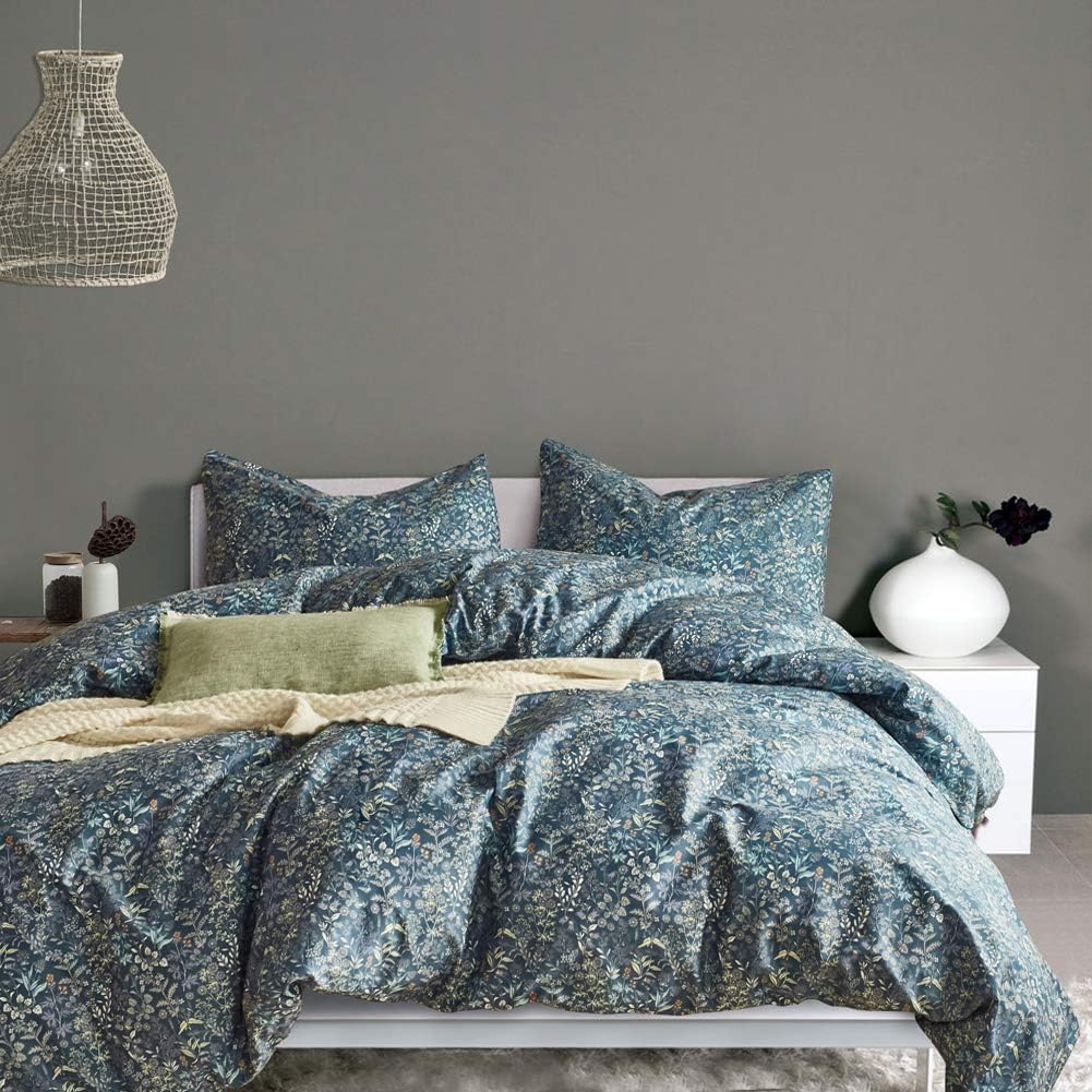 Blue Floral Duvet Cover Queen Vintage Flower Pattern Duvet Cover 100% Cotton Garden Style Comforter Cover Chic Botanical Floral 
