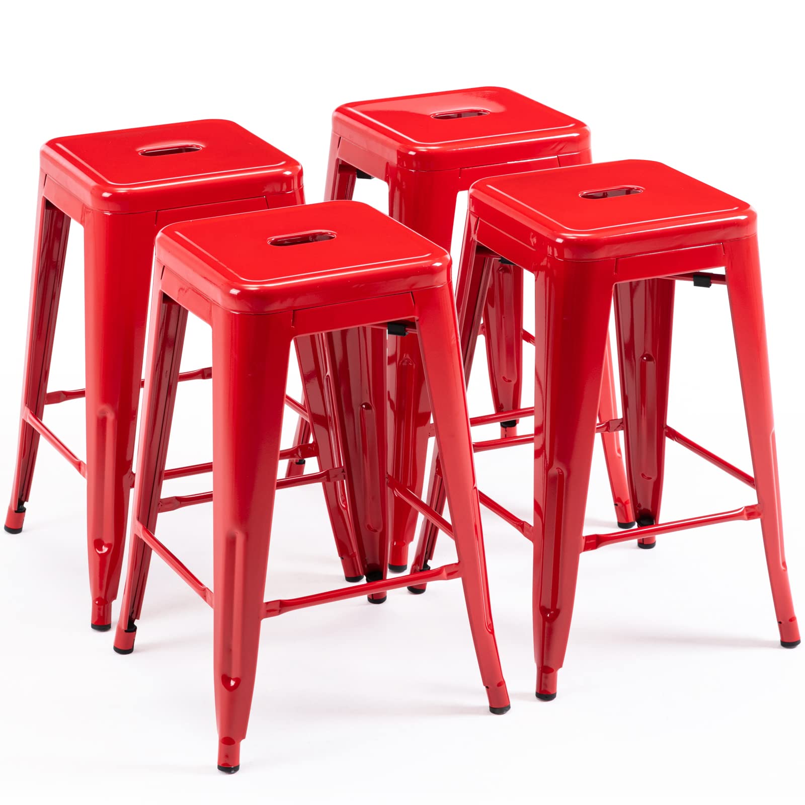 Vogue Furniture Direct 24 High Bar Stools Backless Red Metal Barstools Indoor-Outdoor Counter Height Stools with Square Seat, Se