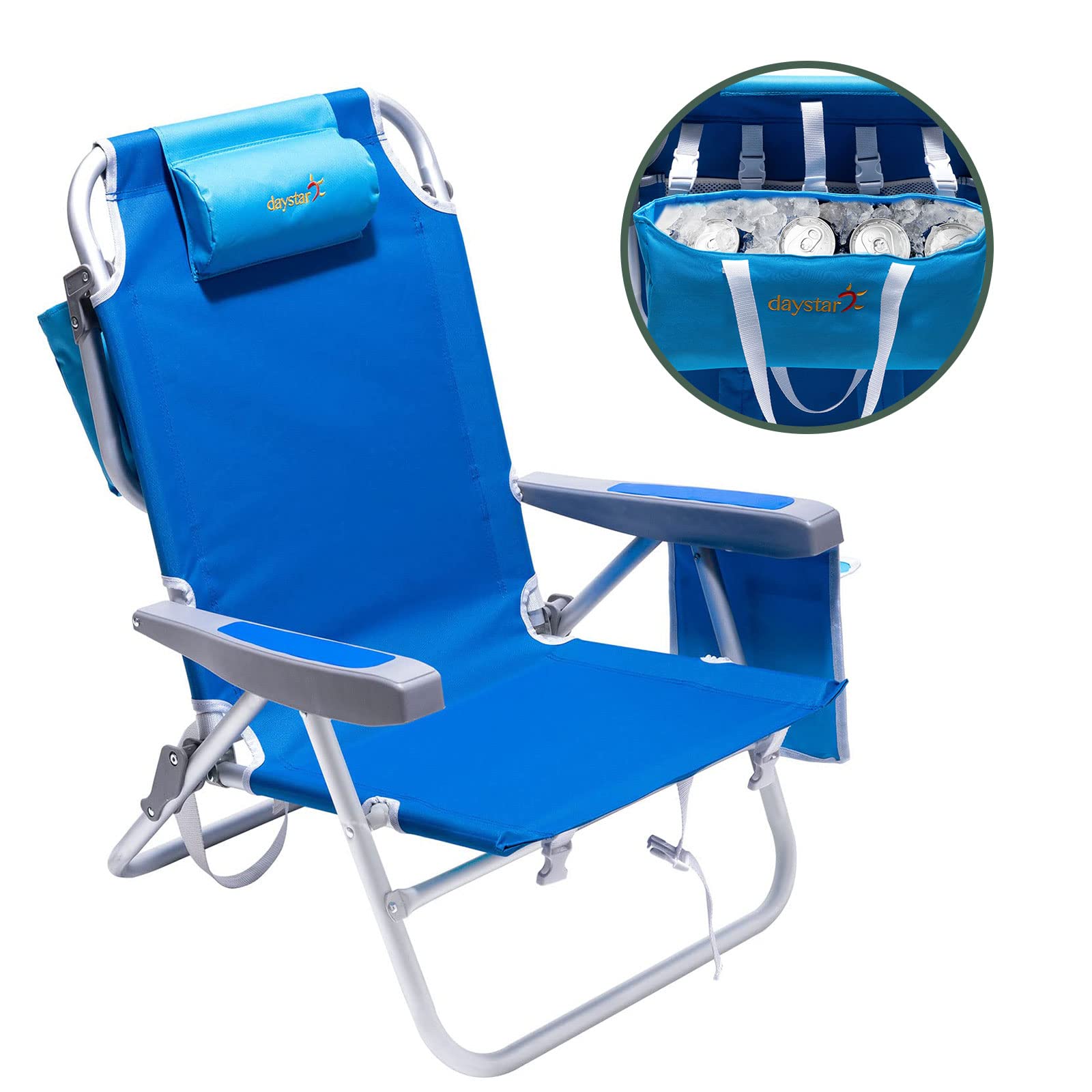 SUNNYFEEL Beach Chairs for Adults 2 Pack 5 Position Lay Flat, Portable Folding Backpack Beach Chair Heavy Duty with Cooler Bag, 