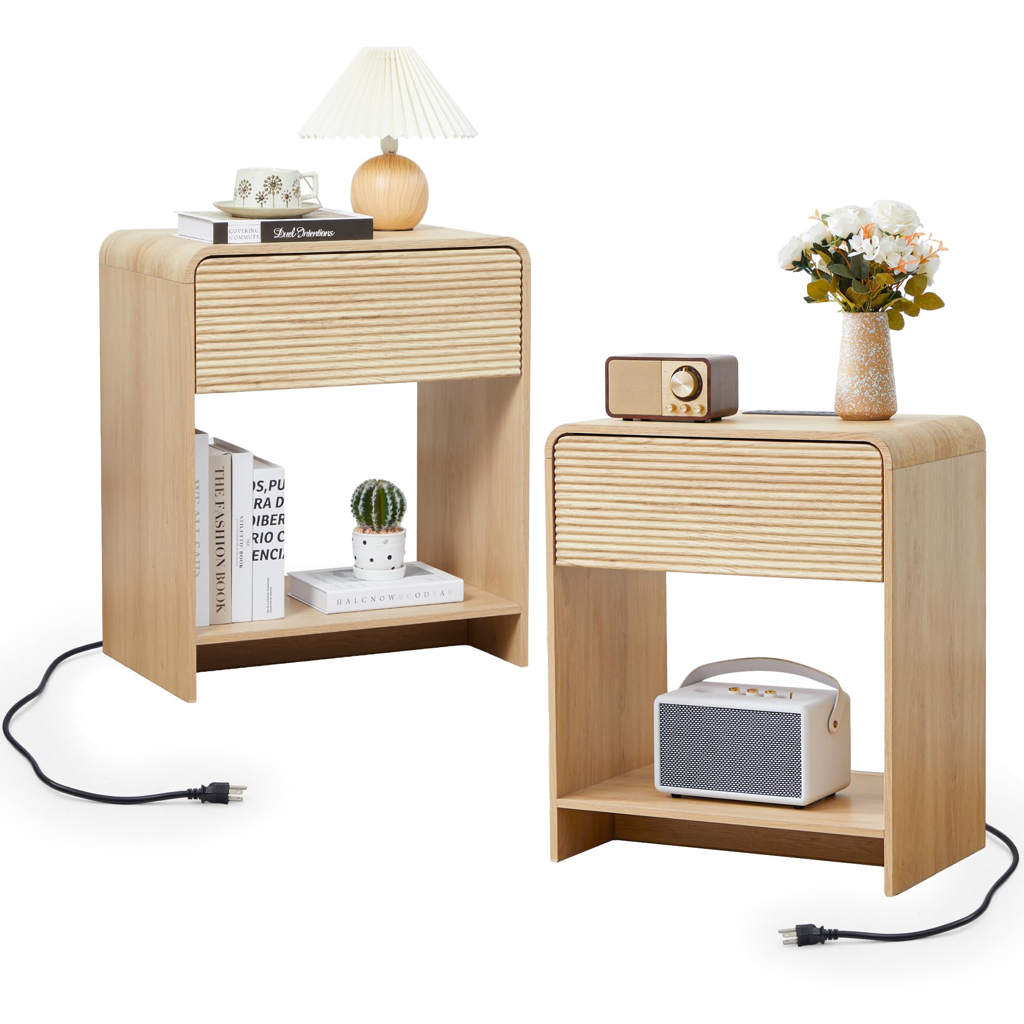 XUZENEST Fluted Nightstand Set of 2 with Charging Station, Modern Bed Side Table End Table with Drawer Storage, Large Wooden Nig
