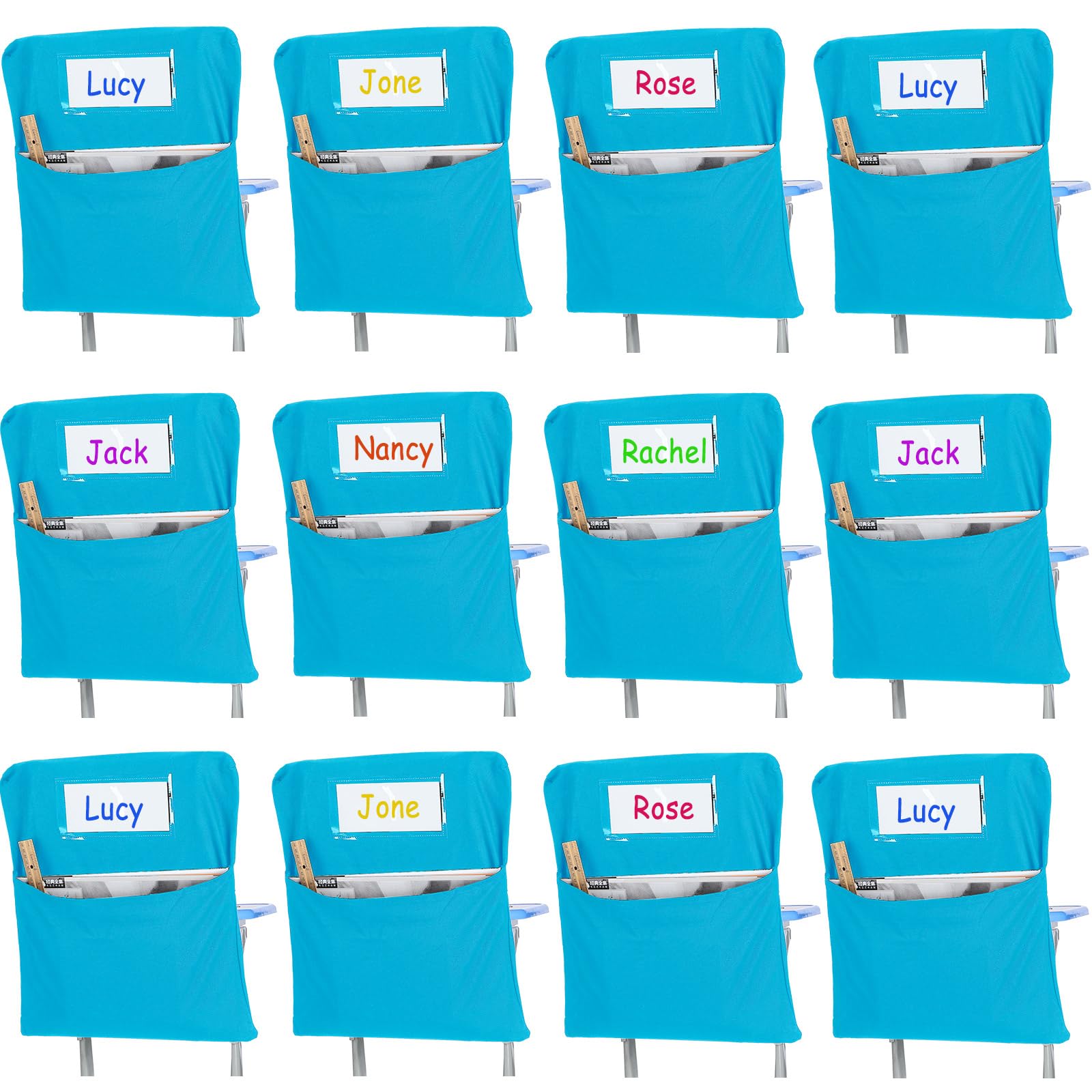 Maitys 12 Pcs Large 17 Inches Chairback Pocket Chart Student Chair Pockets Chair Back Classroom Organizer with Name Tag for Keep