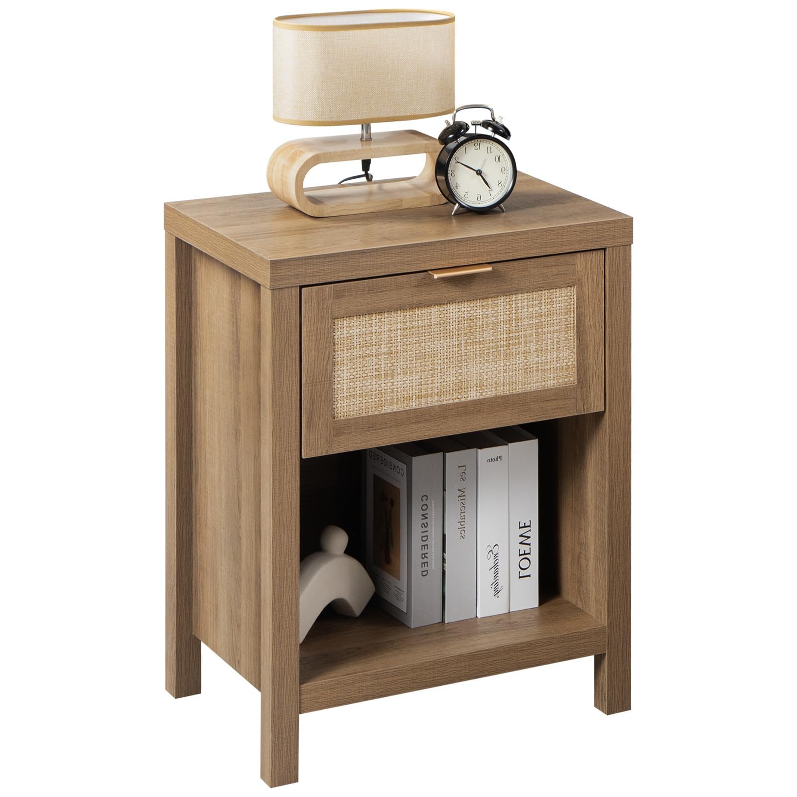 SICOTAS Rattan Nightstand - Farmhouse Night Stand with Drawer and Storage Shelf - Boho Accent Table Bedside Table End Table Side
