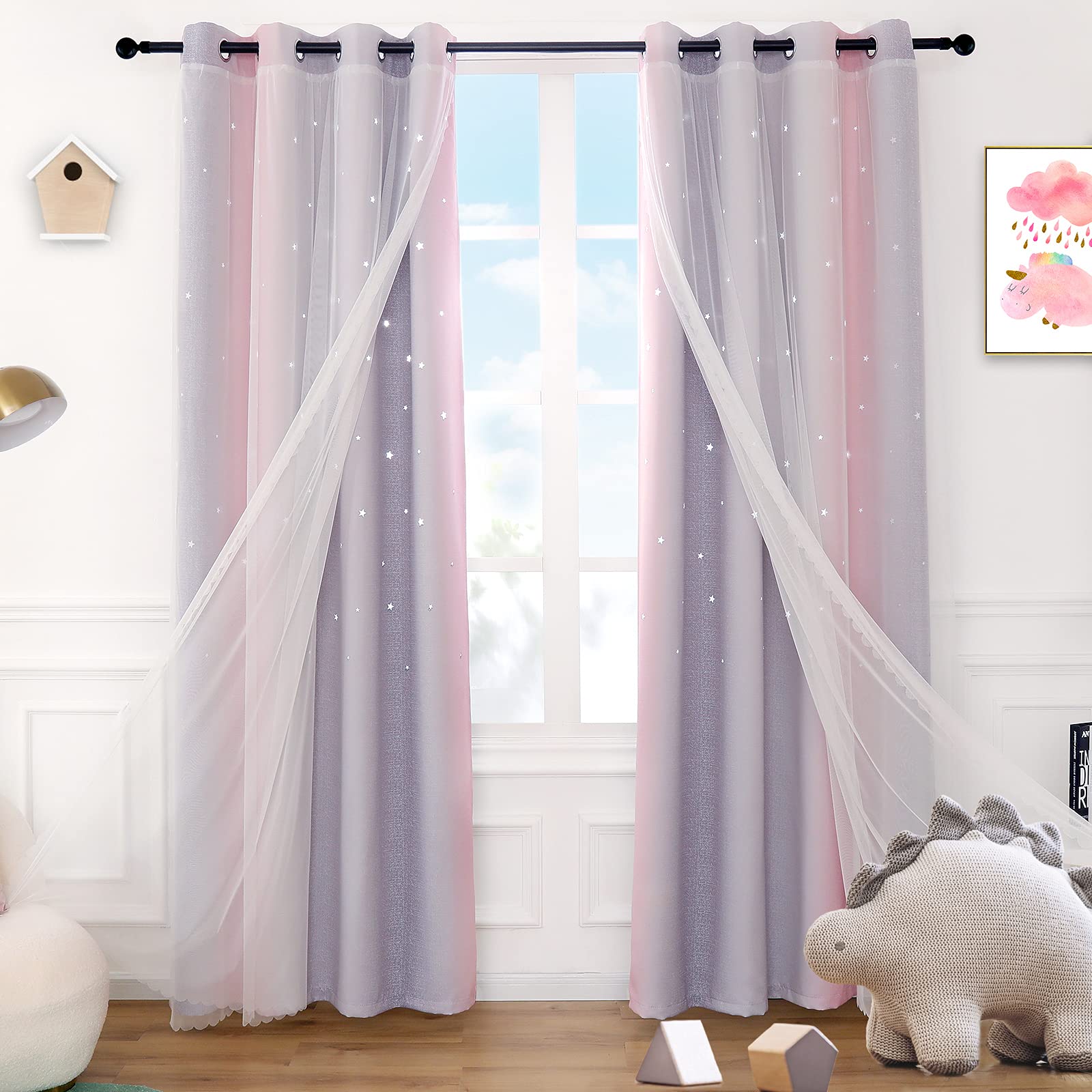 Anjee Pink Curtains for Girls Double Layer 2 in 1 Star Cutout Design Light Blocking Grommets Top Ombre Drape with Voile Sheer fo