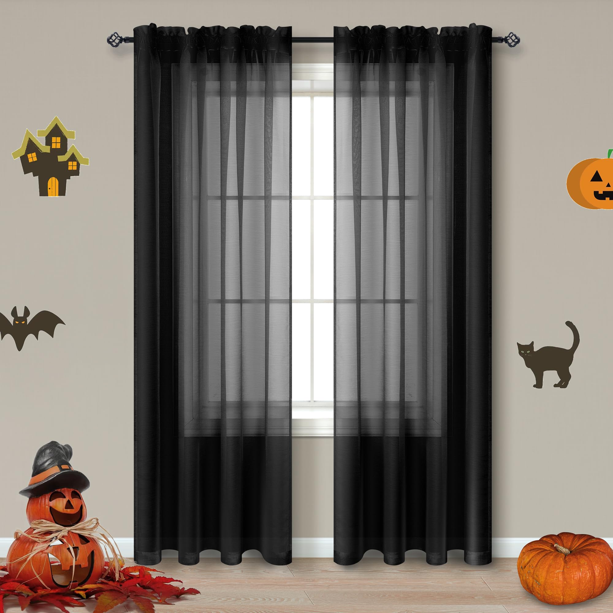 Black Sheer Curtains 96 Inches Long for Living Room 2 Panels Set Rod Pocket Black Window Curtains for Bedroom 8FT Length