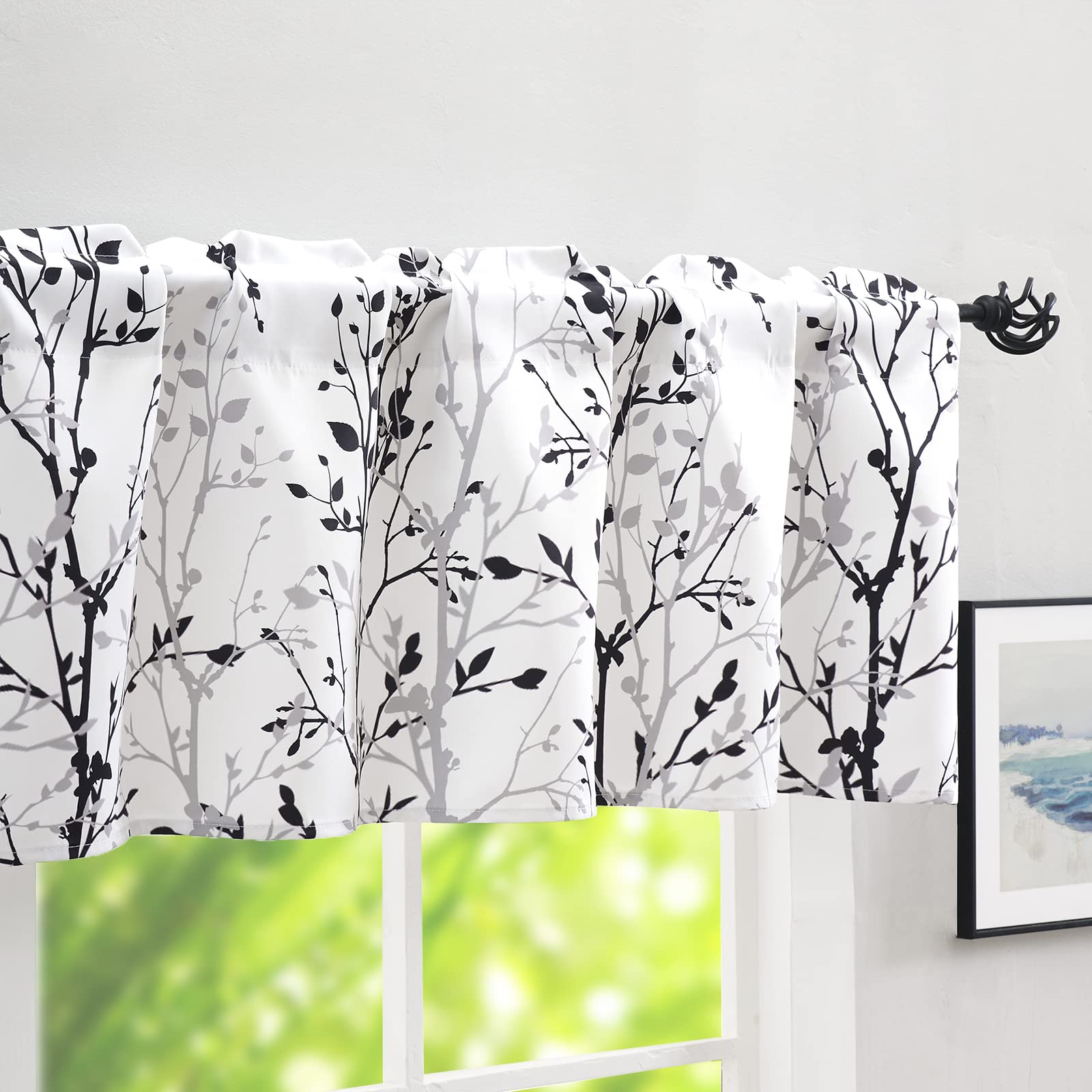 Luvyohmee Tree Branch Printed Valance Curtain, 18 inches long Kitchen Valance, Black and Grey Window Valances for Kitchen, Bathr