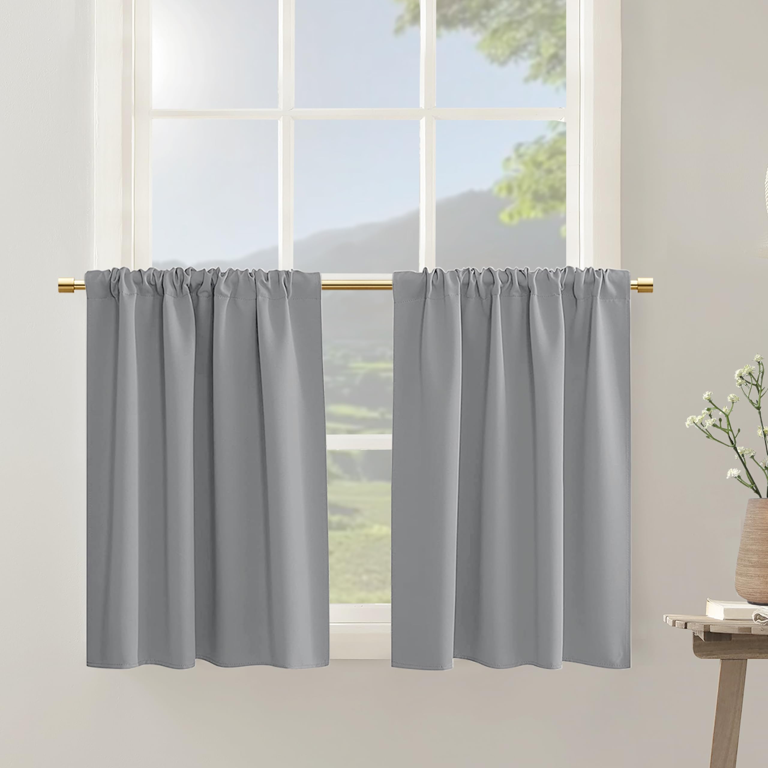 PANELSBURG 36 Inch Length Tier Curtains Set 2 Panels Blackout Thermal Insulating Small Light Grey Curtains for Kitchen Basement 