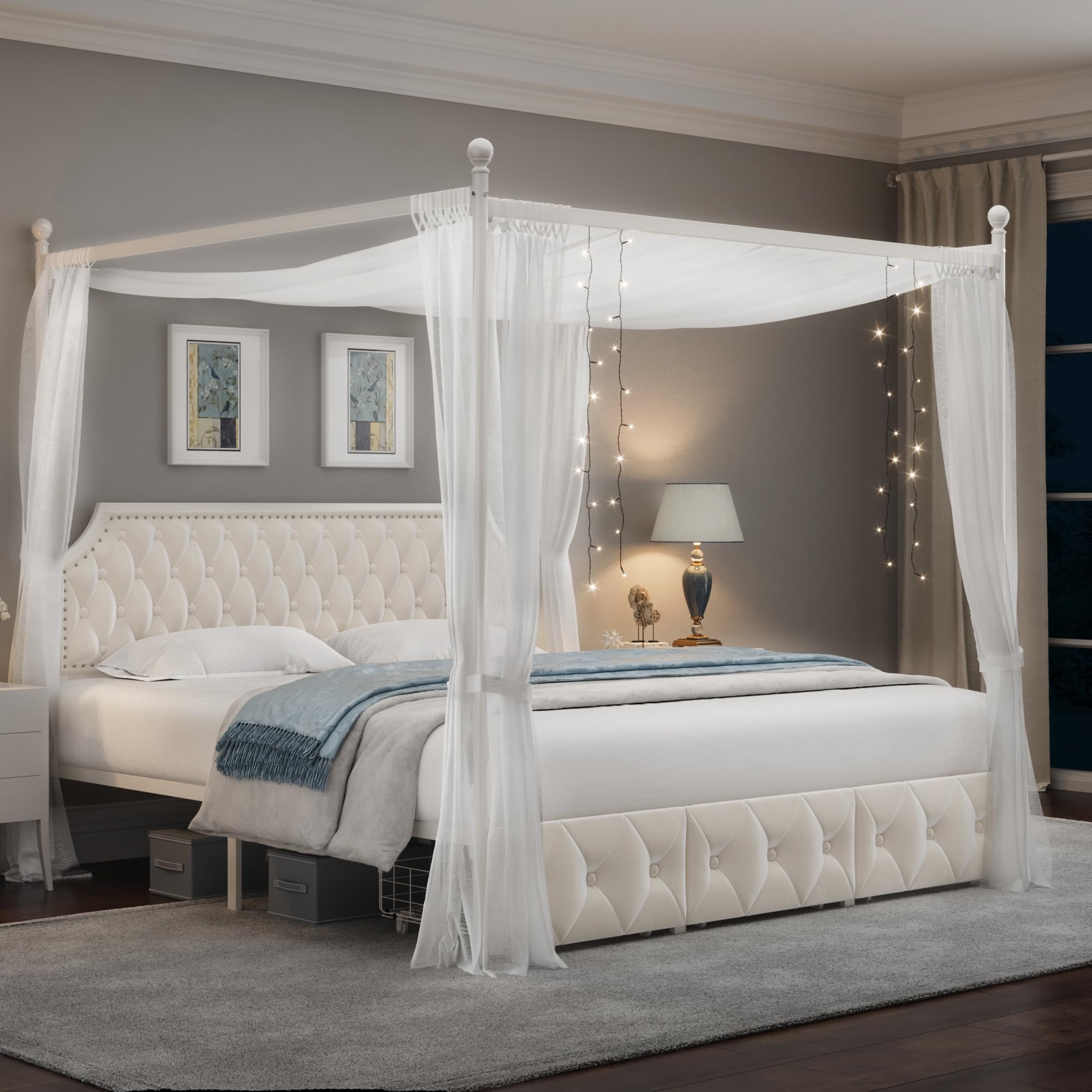 Keyluv King Upholstered Canopy Bed Frame with 3 Drawers and Button Tufted Headboard, Metal Platform Bed with 4 Removable Posts, 