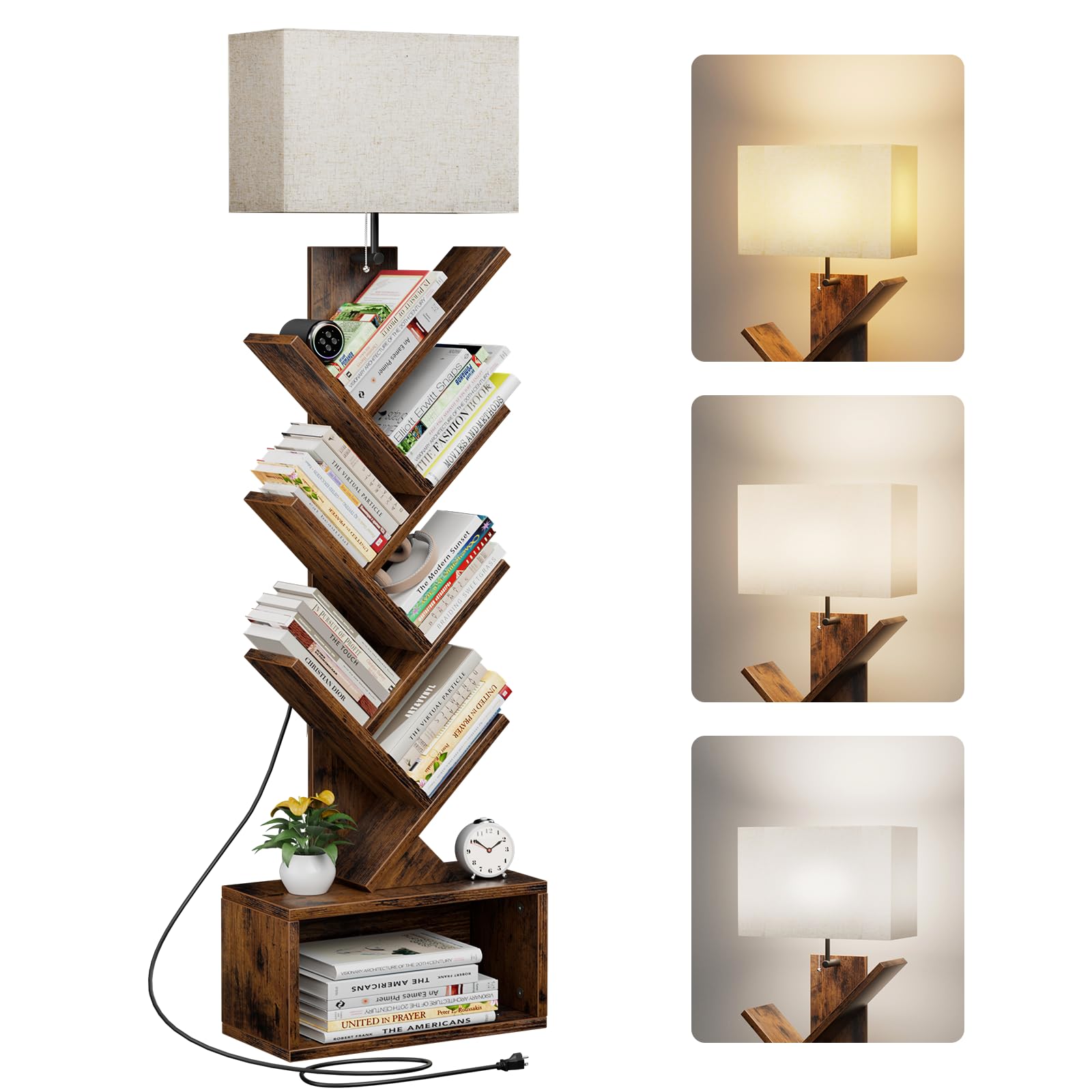 Evermagin 6 Tier Tree Bookshelf with Light, Small Bookcase Tower for Books/CDs/Movies, Tall Floor Standing Book Organizer with S