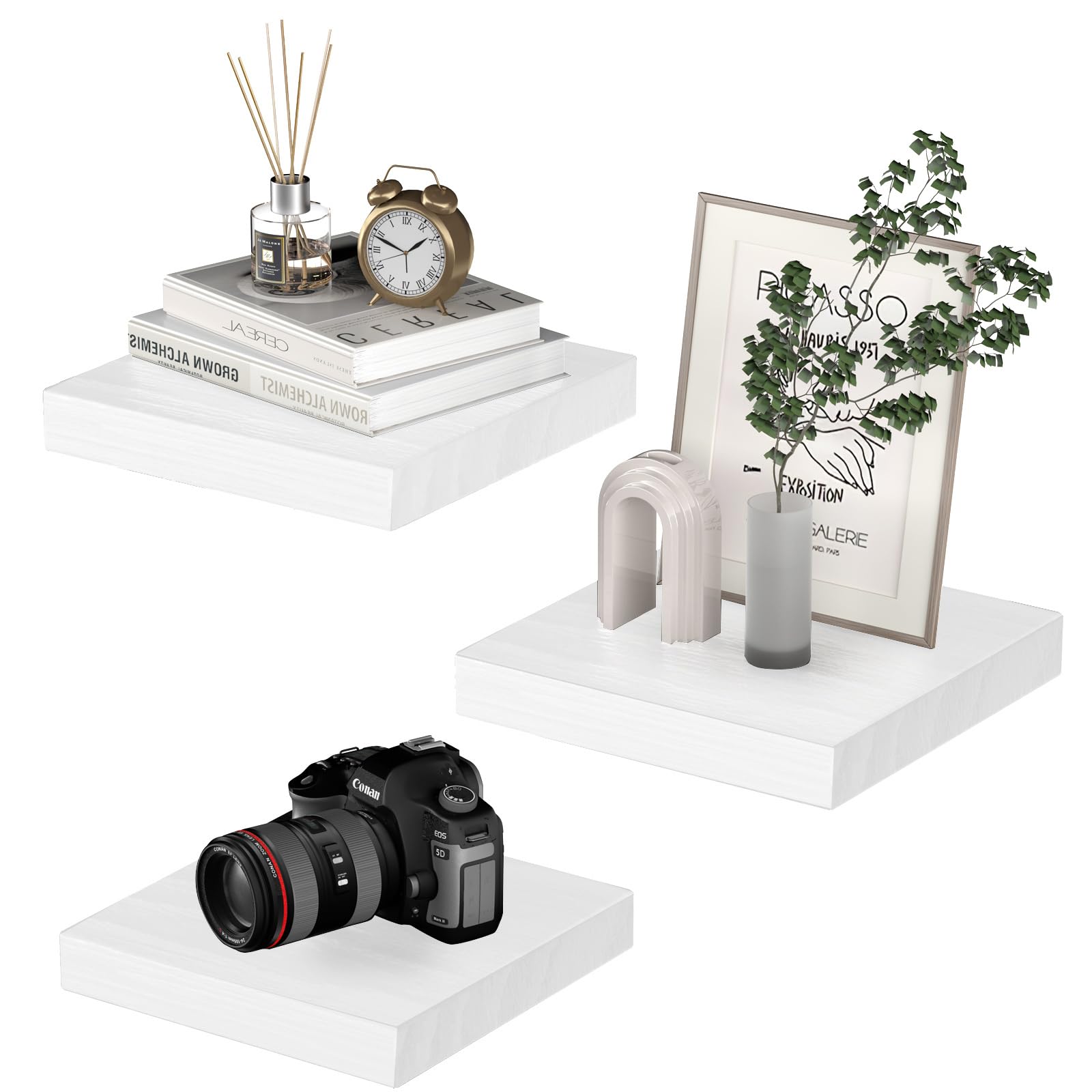 PopiShelves Small Floating Shelves for Wall - 9 Inch Square White Shelves for Bedroom, Living Room, Bathroom, Kitchen, Office De