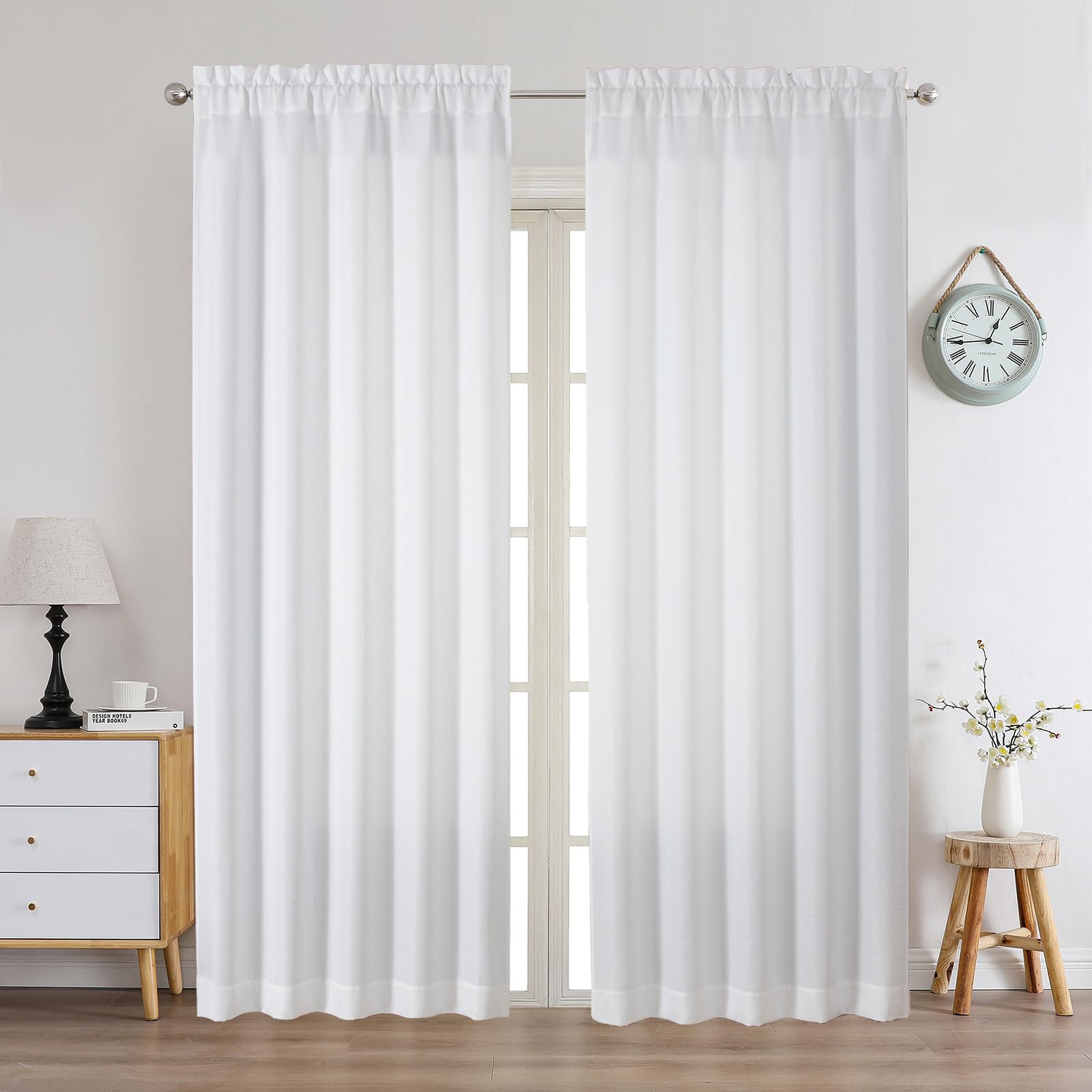 Chyhomenyc White Curtains 90 Inch Length 2 Panels Set, Faux Linen Textured Semi Light Filtering Soft Airy Farmhouse Window Curta