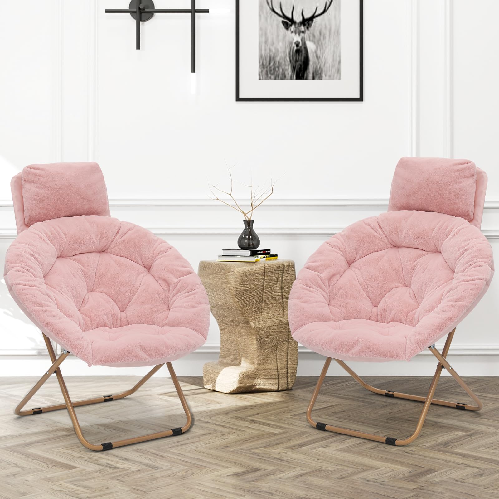 BRIGHTORIA Comfy Saucer Chair Set of 2 with Headrest Large Cozy, Metal Frame Cozy Lounge Lazy Chair Folding Faux Fur Round Sauce