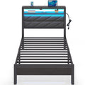 Seventable Bed Frame Twin Size with Charging Station, LED Bed with Upholstered Storage Headboard, Metal Platform Bed with Under 