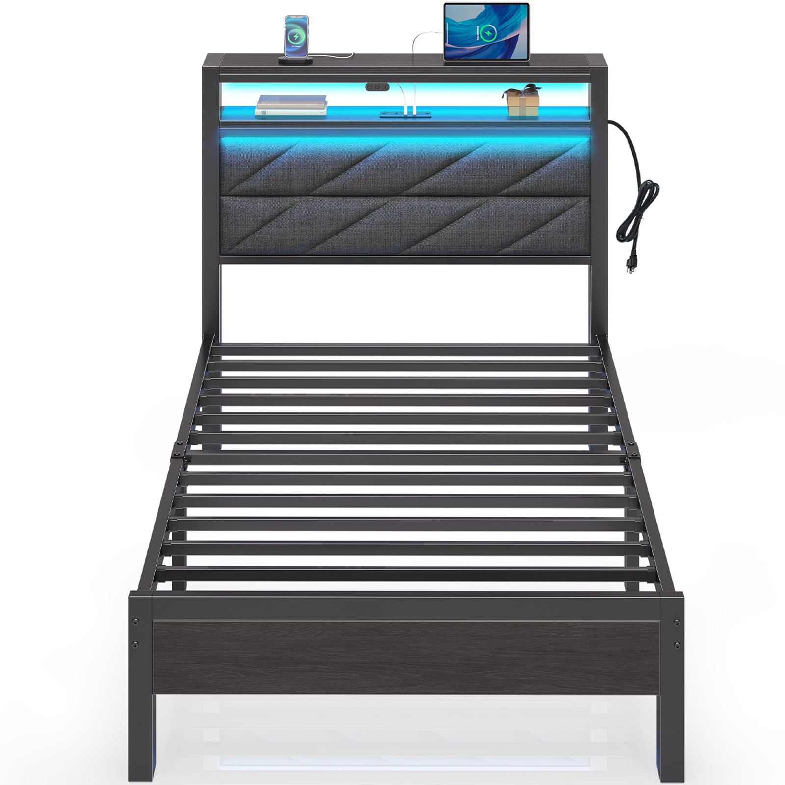 Seventable Bed Frame Twin Size with Charging Station, LED Bed with Upholstered Storage Headboard, Metal Platform Bed with Under 