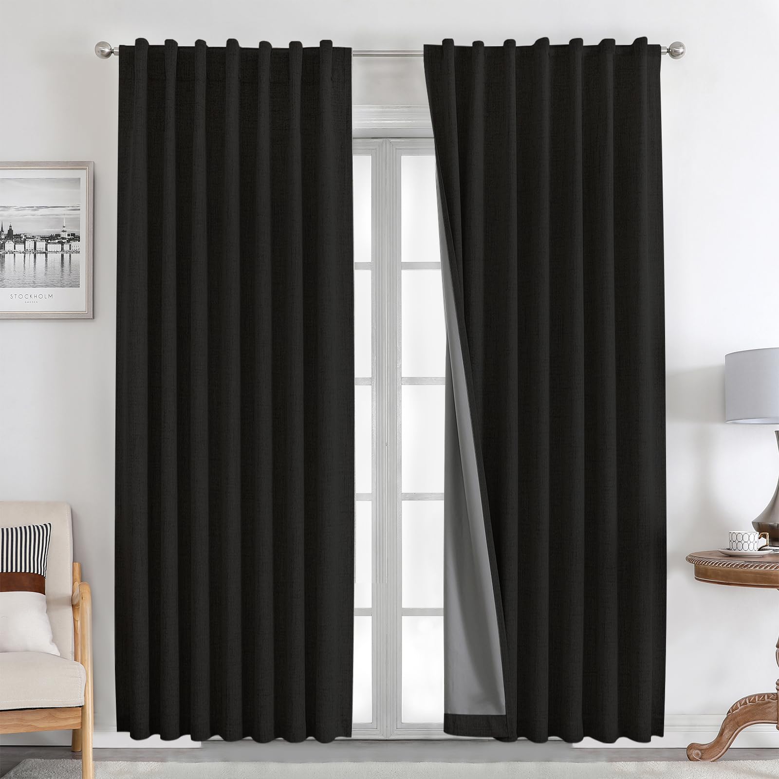 Joydeco 100% Blackout Curtains 84 inches Long Natural Linen Drapes 2 Panels Set Burg for Bedroom Living Room Black Out Darkening
