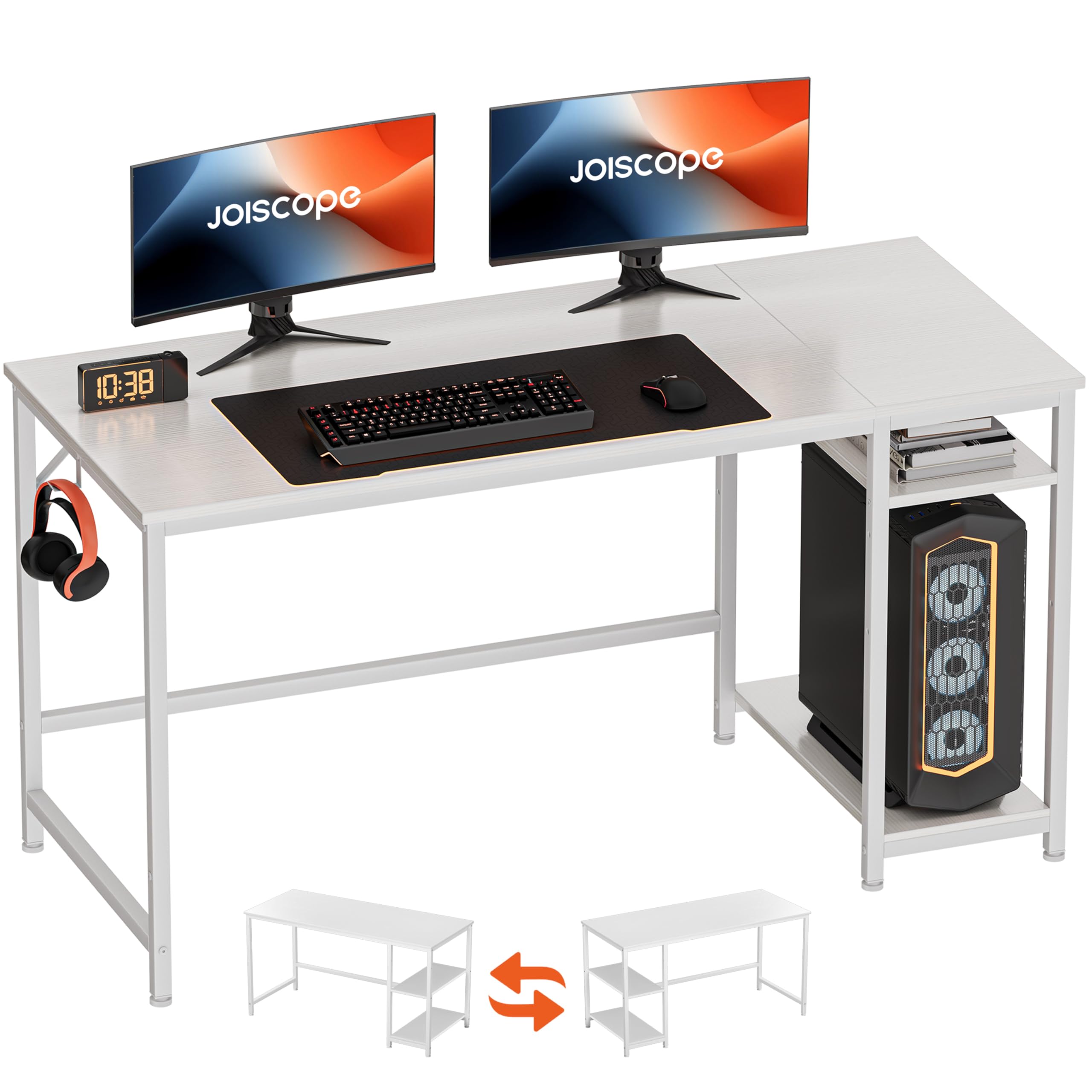 JOISCOPE Home Office Desk with Double Reversible Side Shelves and Headphone Hooks, Computer Desk for Working, Gaming, Studying, 