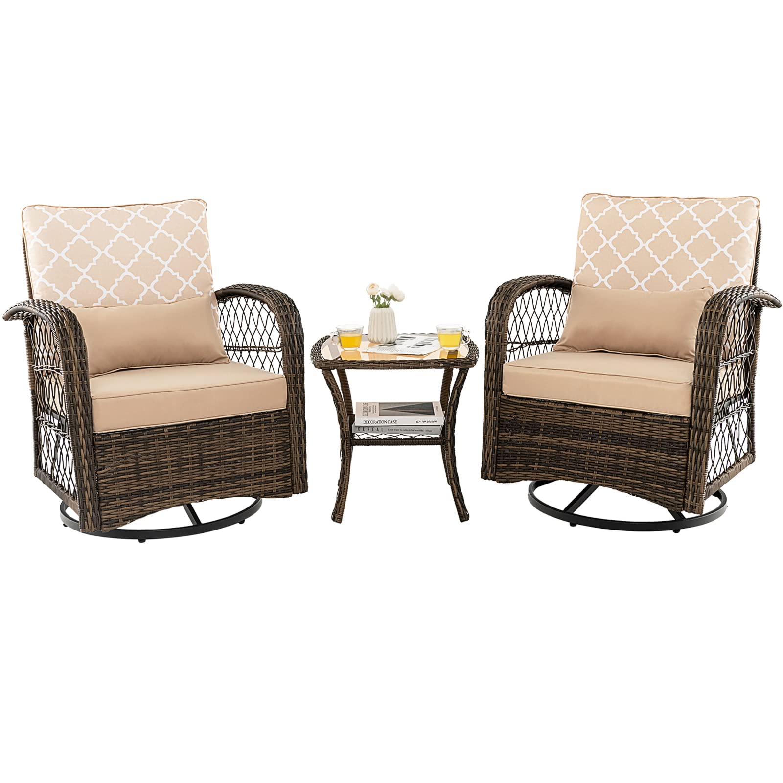 Tangkula 3-Piece Patio Swivel Rocker Set, Wicker Swivel Rocking Chairs w/Tempered Glass Coffee Table, 360 Swiveling & Smooth Roc