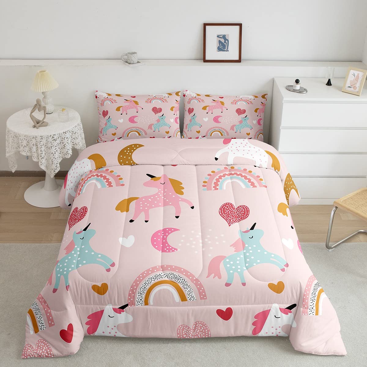 Feelyou Girls Unicorn Comforter Set Full Size Kids Cute Pink Rainbow Horse Decor Comforter for Unicorn Lover Daughter Bedding Se
