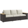 Outsunny 3-Seat Patio Sofa with Cushions, PE Rattan Outdoor Couch with Wood Grain Wide Armrests for Porch, Sunroom, Garden, Pool