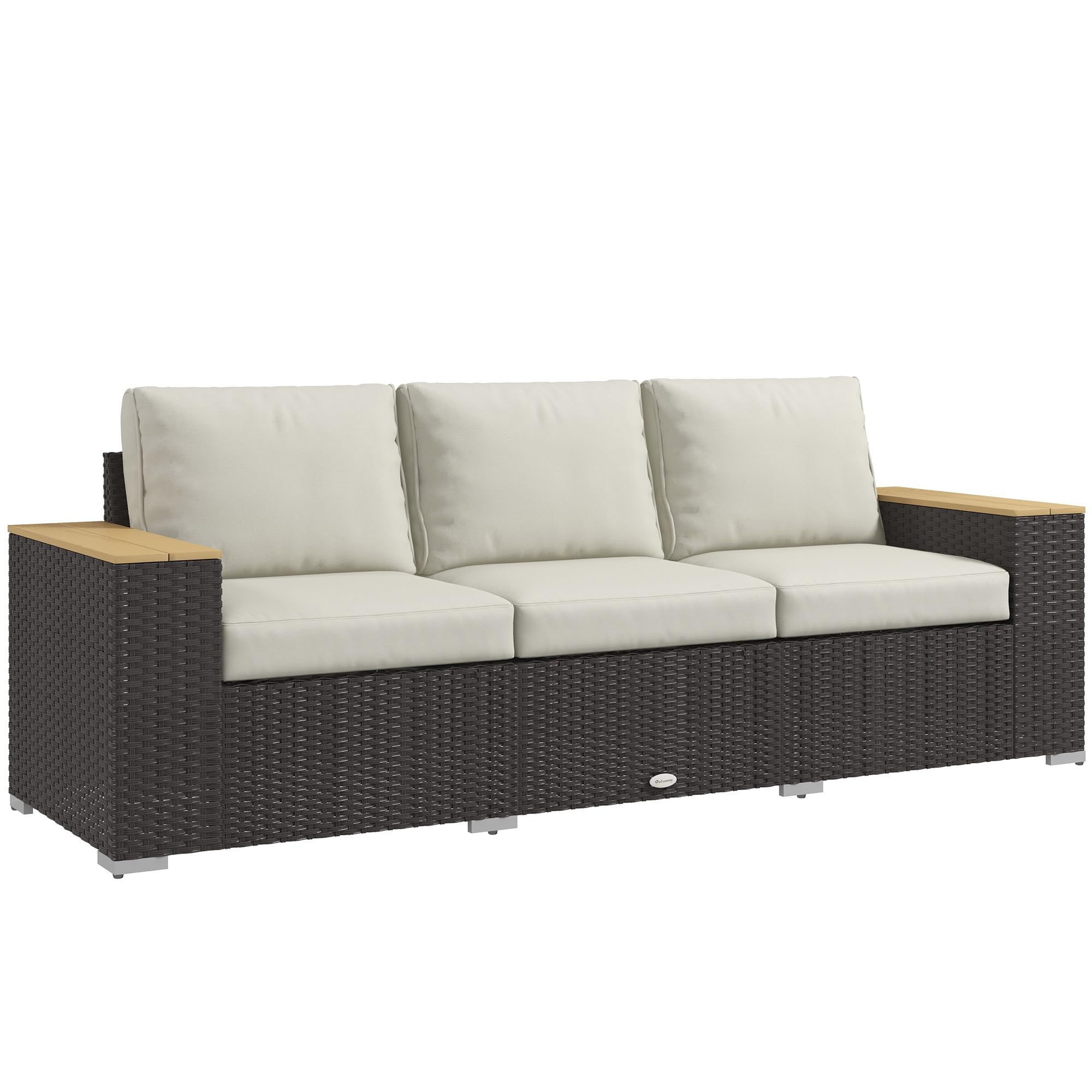 Outsunny 3-Seat Patio Sofa with Cushions, PE Rattan Outdoor Couch with Wood Grain Wide Armrests for Porch, Sunroom, Garden, Pool