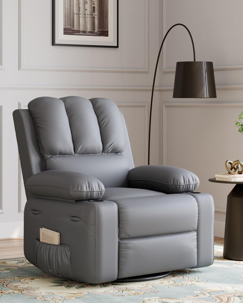 22 Leather Recliner Chair for Adults, Overstuffed Manual Recliner Chair, Single Sofa with Cup Holder and Side Pockets, Upholst