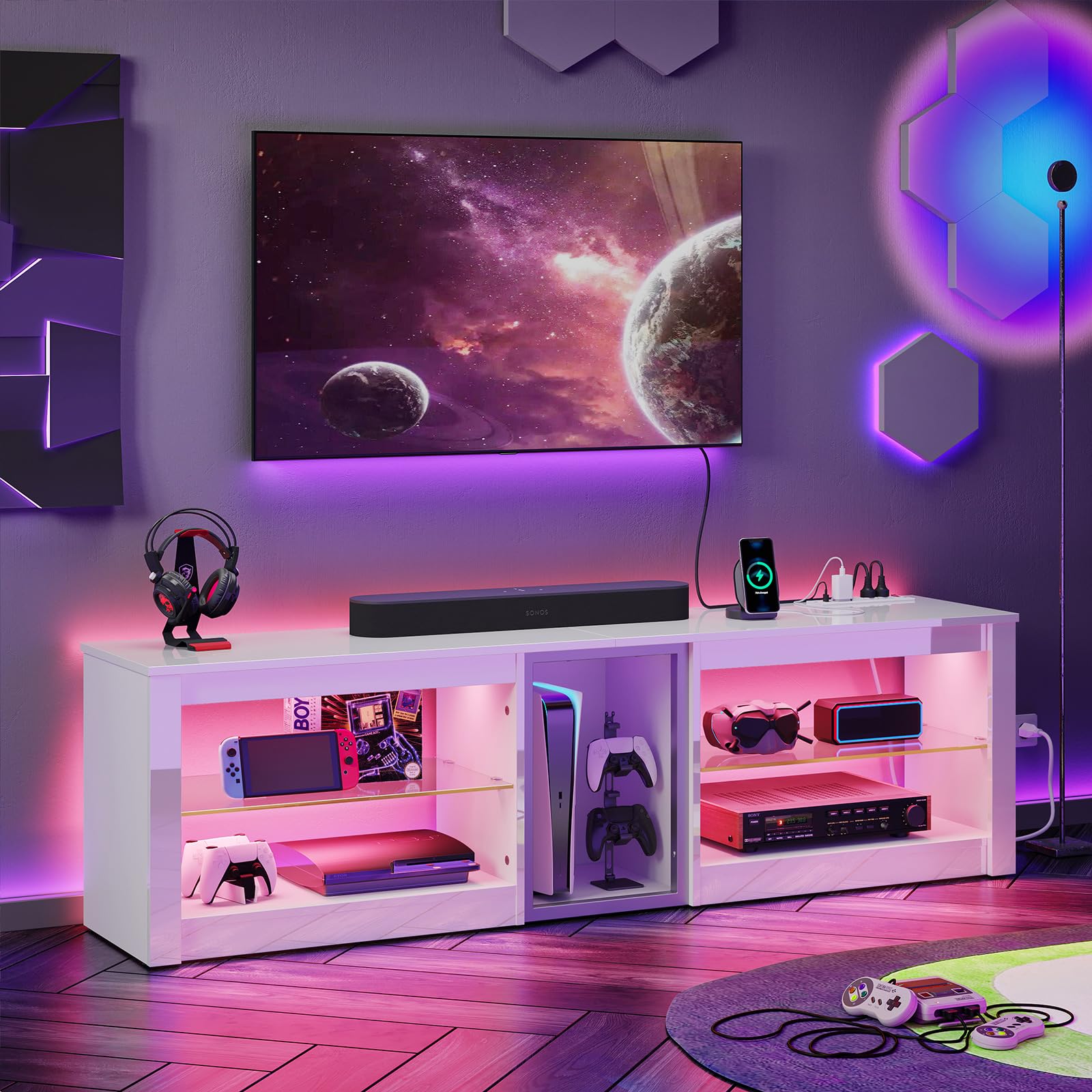 Bestier High Gloss TV Stand for 70 inch TV with Power Outlets, LED Entertainment Center for PS5, Gaming TV Consoles with Glass S